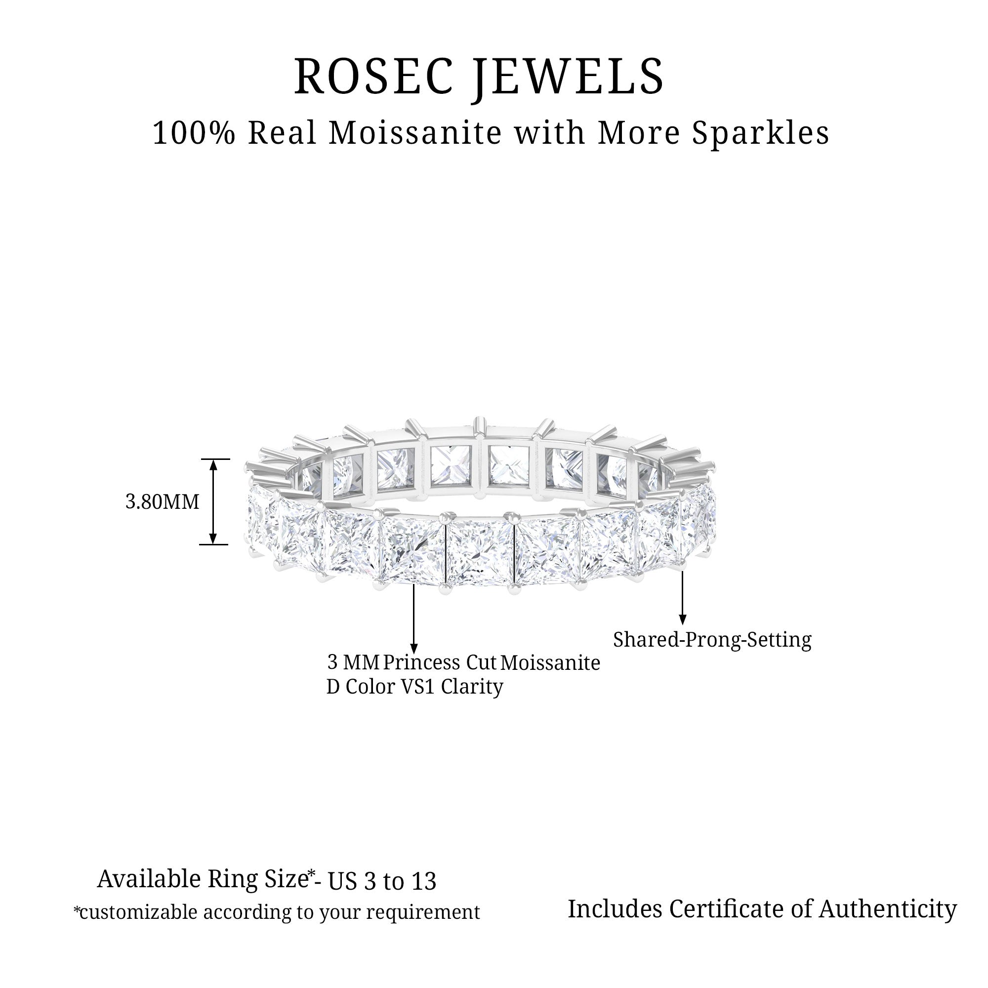 Princess Cut Certified Moissanite Full Eternity Ring Moissanite - ( D-VS1 ) - Color and Clarity 92.5 Sterling Silver 11.5 - Rosec Jewels