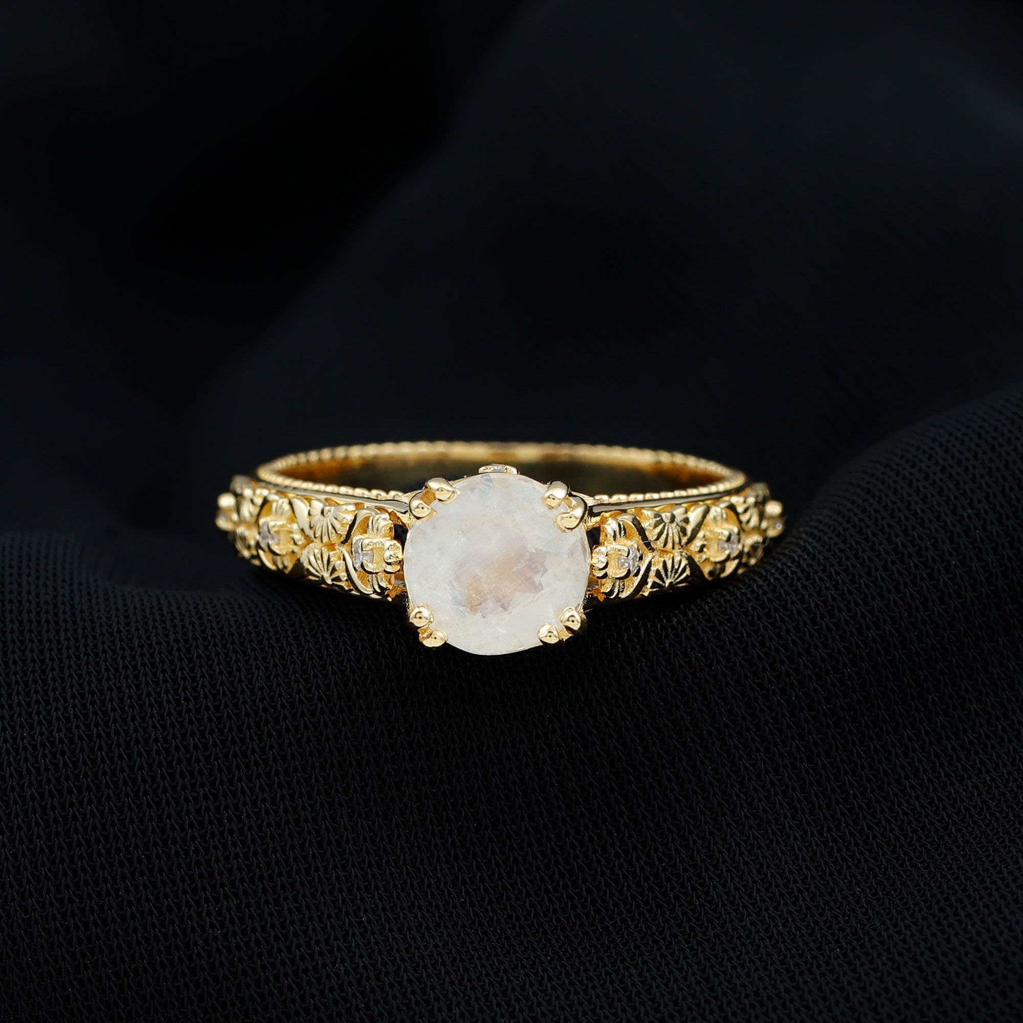 Vintage Style Flower Engagement Ring with Moonstone and Diamond Moonstone - ( AAA ) - Quality - Rosec Jewels