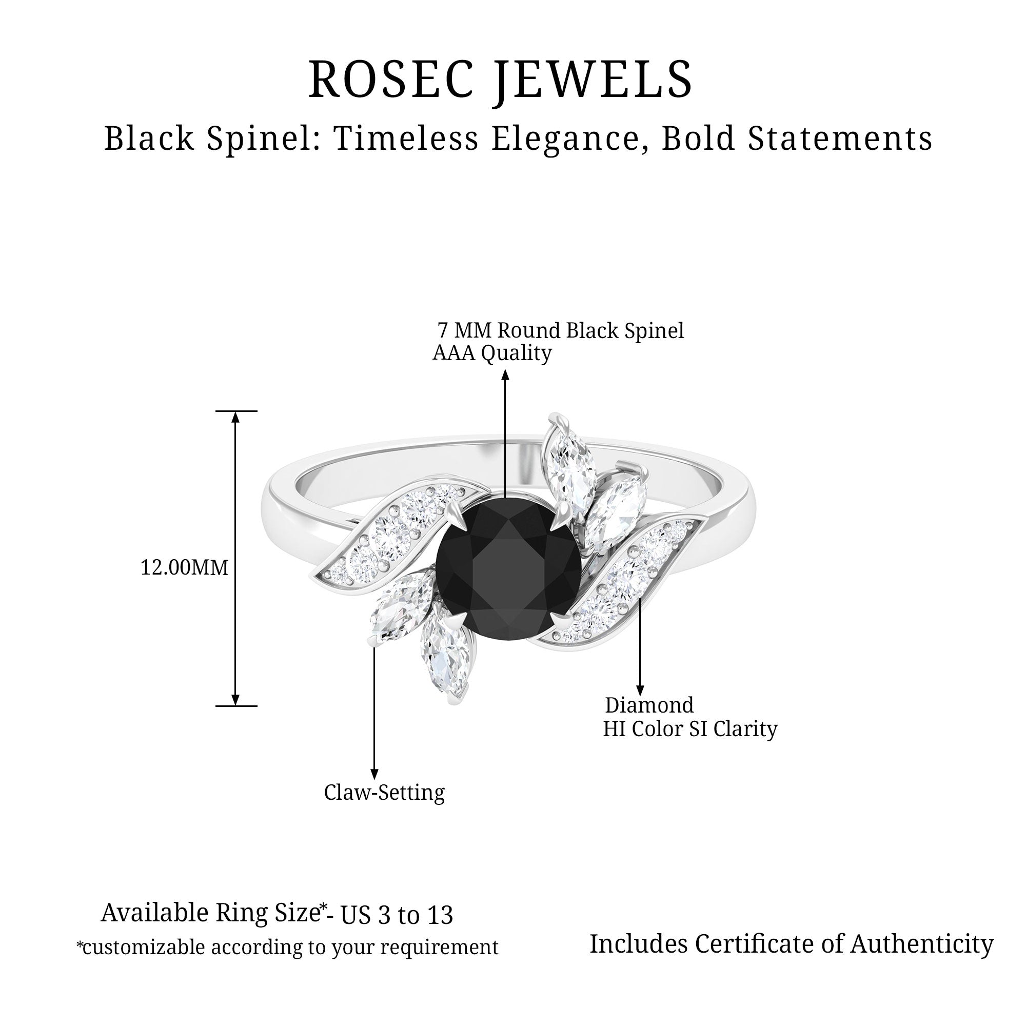 2 CT Black Spinel Flower Engagement Ring with Diamond Black Spinel - ( AAA ) - Quality - Rosec Jewels