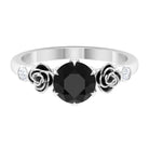 1.50 CT Solitaire Black Spinel Flower Ring with Diamond Side Stones Black Spinel - ( AAA ) - Quality - Rosec Jewels