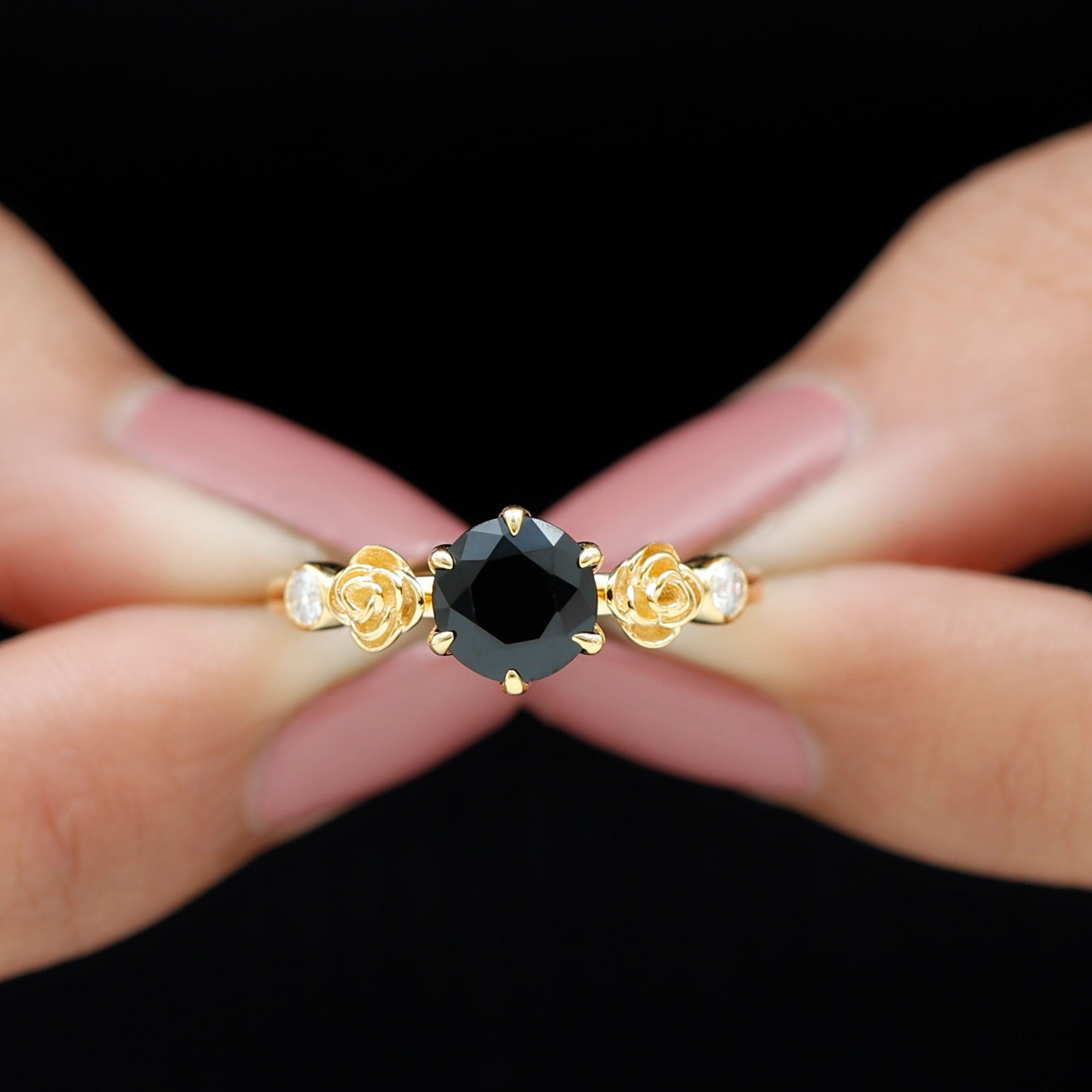 1.50 CT Solitaire Black Spinel Flower Ring with Diamond Side Stones Black Spinel - ( AAA ) - Quality - Rosec Jewels