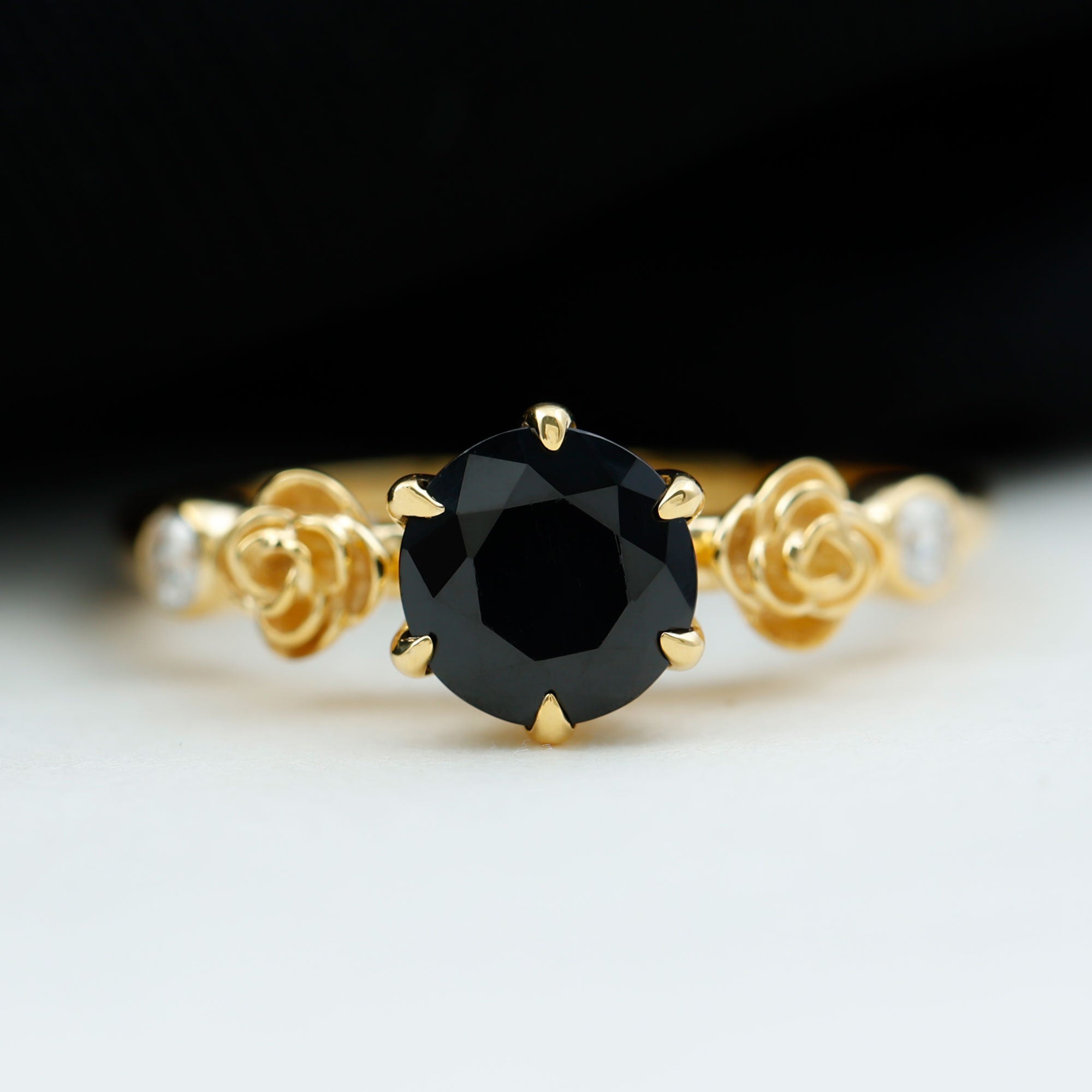 1.50 CT Solitaire Black Spinel Flower Ring with Diamond Side Stones Black Spinel - ( AAA ) - Quality - Rosec Jewels