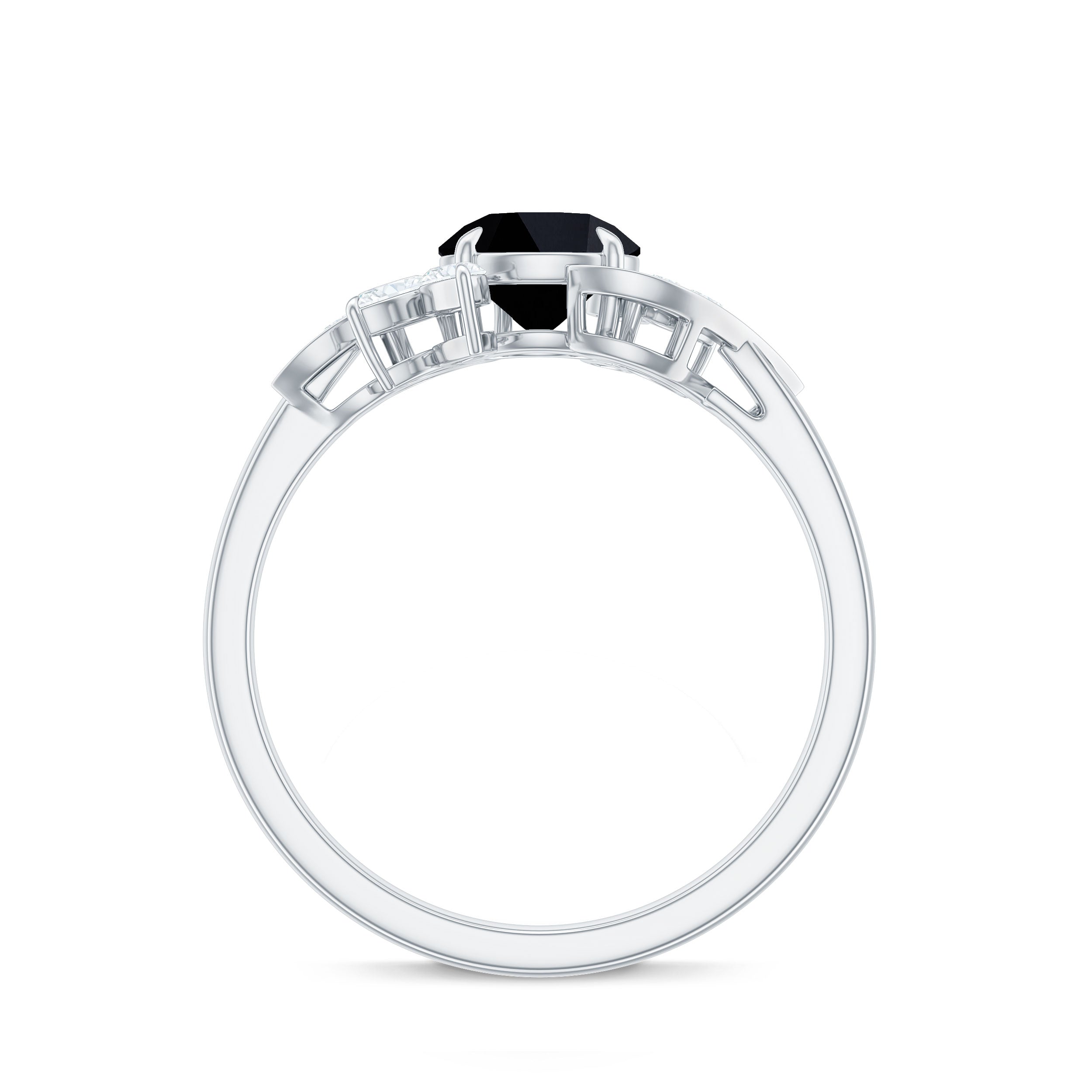 Lab-Created Black Diamond Flower Engagement Ring with Diamond Lab Created Black Diamond - ( AAAA ) - Quality - Rosec Jewels