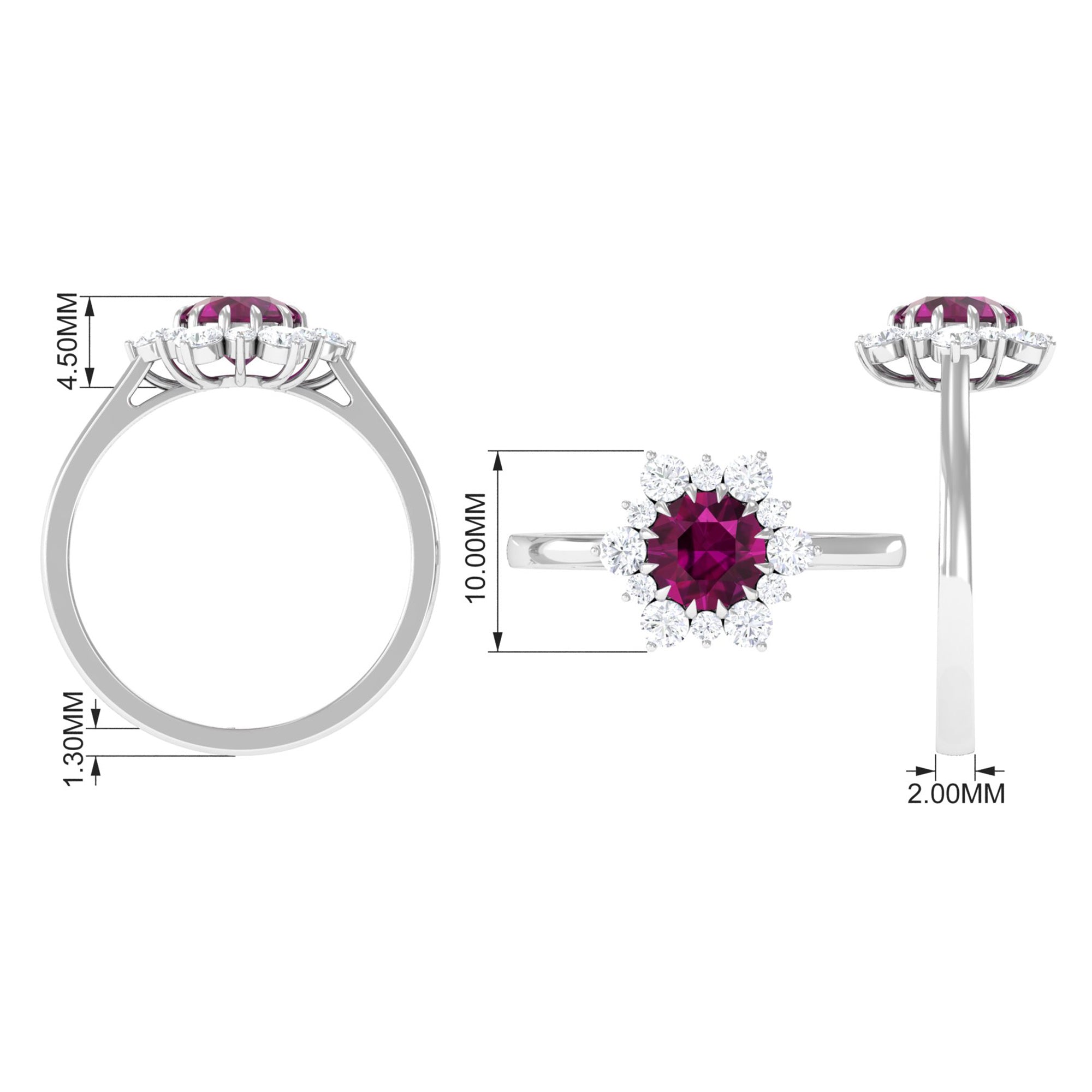 1.75 CT Classic Rhodolite Engagement Ring with Diamond Halo Rhodolite - ( AAA ) - Quality - Rosec Jewels