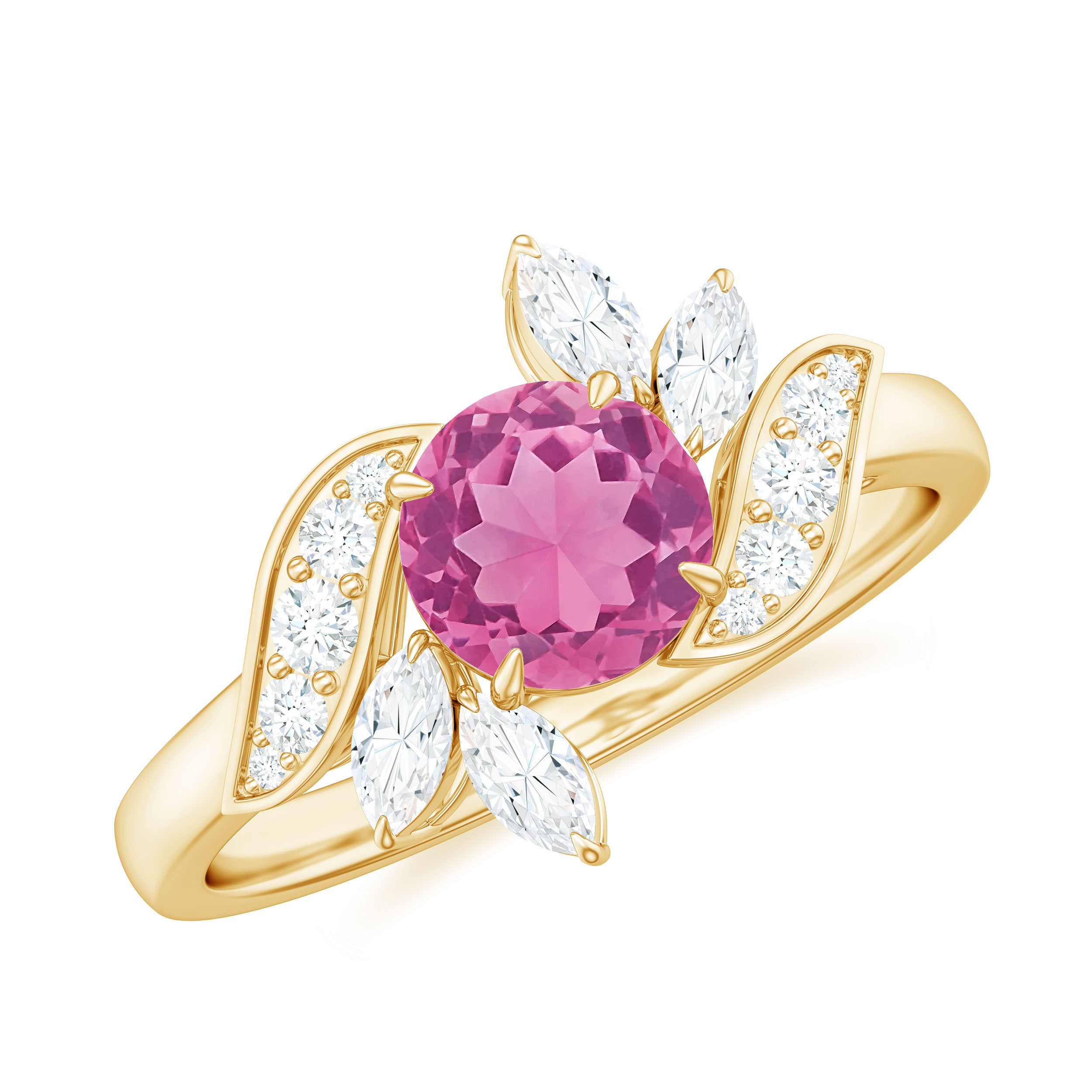 Pink Tourmaline Flower Engagement Ring with Moissanite Pink Tourmaline - ( AAA ) - Quality - Rosec Jewels