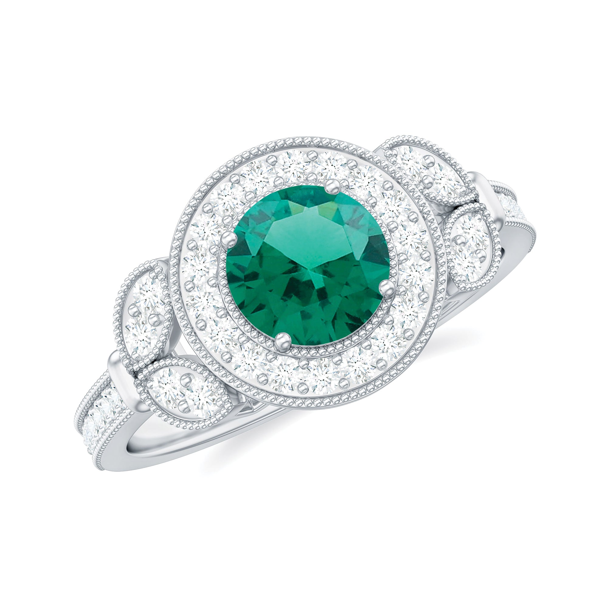 Vintage Inspired Created Emerald and Diamond Engagement Ring Lab Created Emerald - ( AAAA ) - Quality - Rosec Jewels