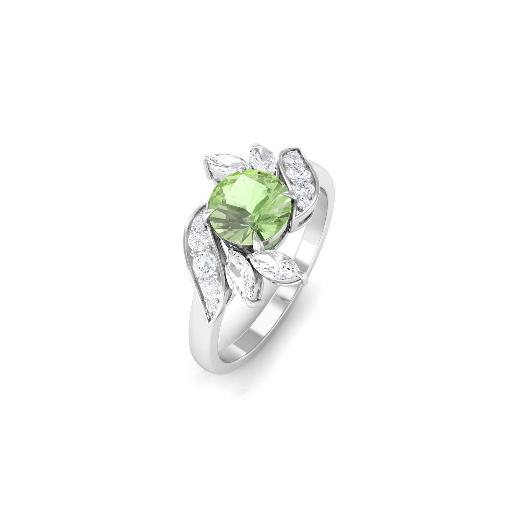 Green Sapphire Flower Engagement Ring with Diamond Green Sapphire - ( AAA ) - Quality - Rosec Jewels