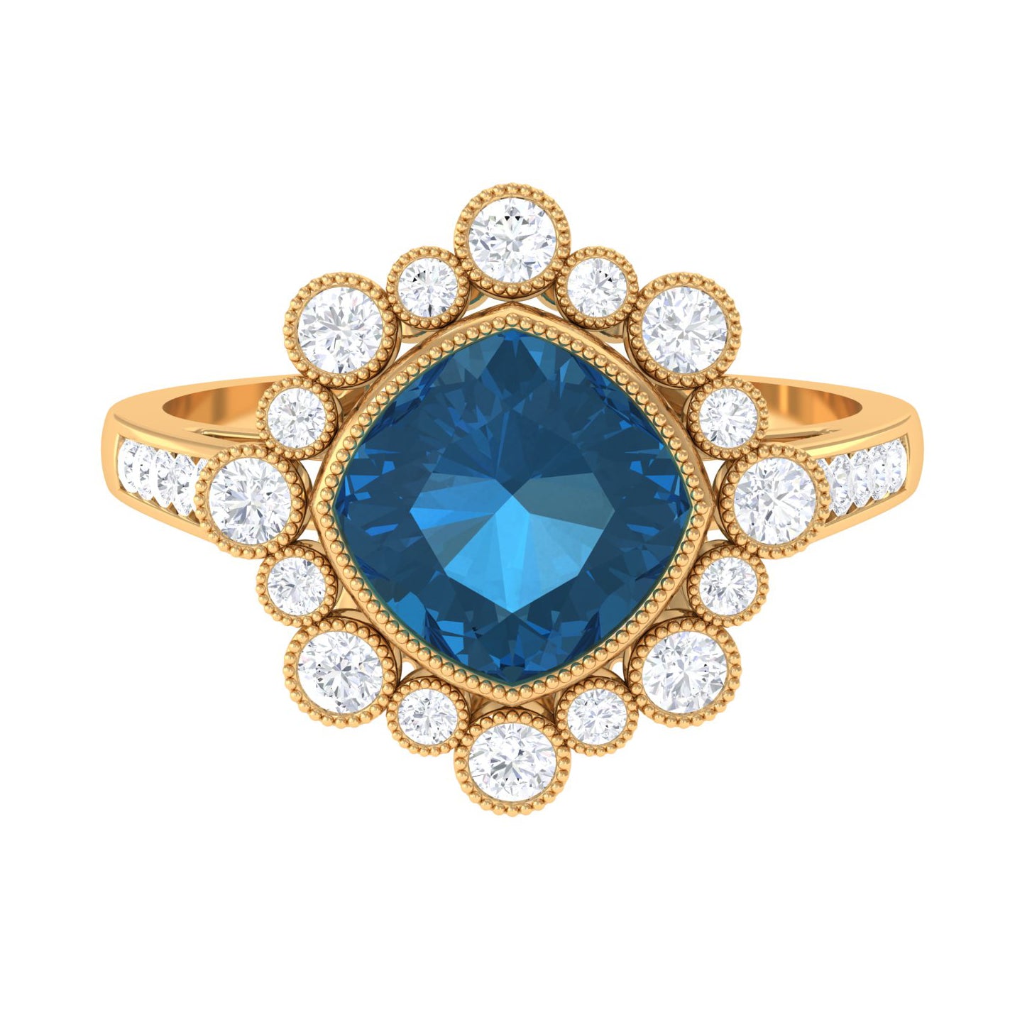 Cushion Cut London Blue Topaz Cocktail Engagement Ring with Diamond Halo London Blue Topaz - ( AAA ) - Quality - Rosec Jewels