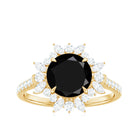 Round Black Spinel Statement Ring with Moissanite Floral Halo Black Spinel - ( AAA ) - Quality - Rosec Jewels