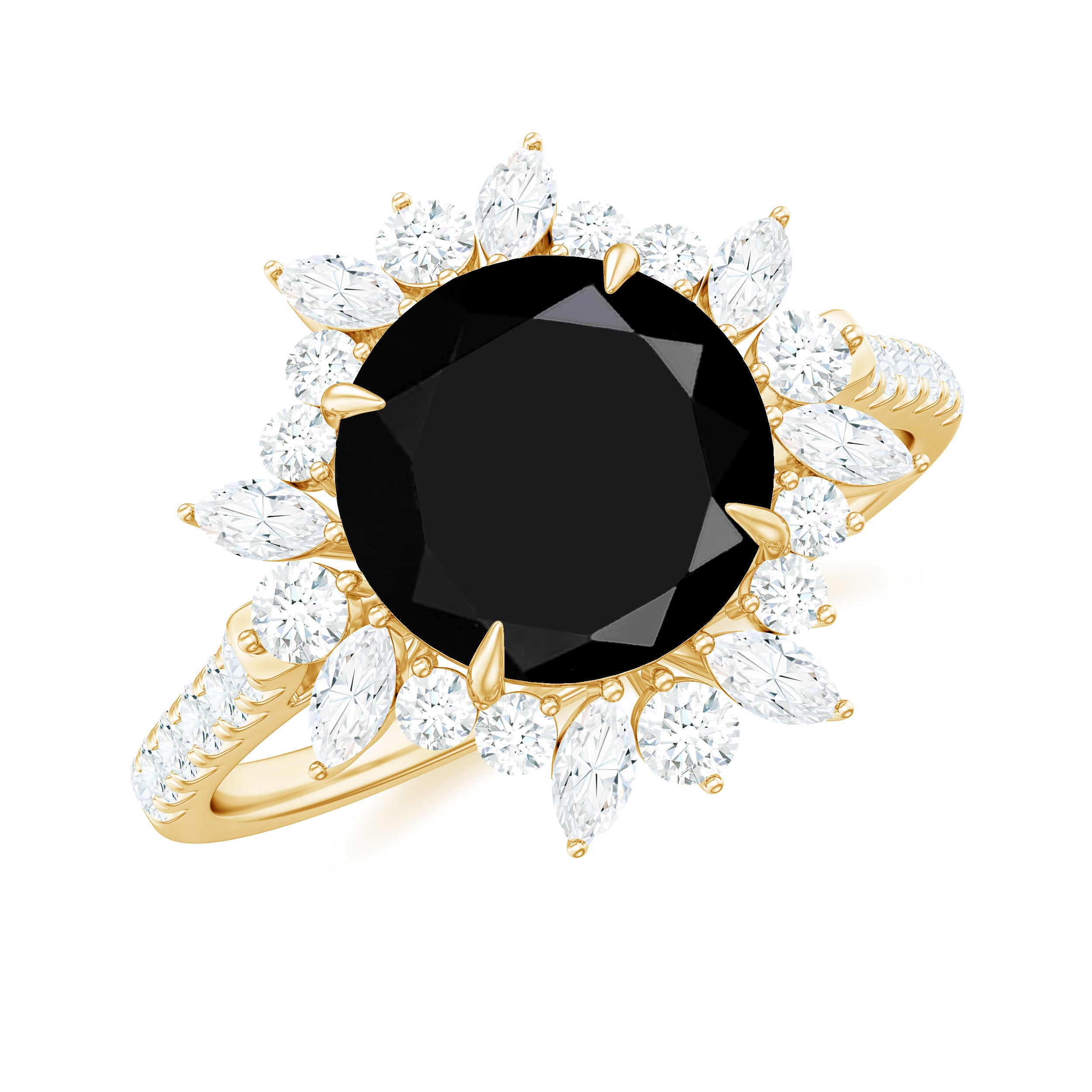 3 CT Round Black Onyx Statement Ring with Moissanite Floral Halo Black Onyx - ( AAA ) - Quality - Rosec Jewels