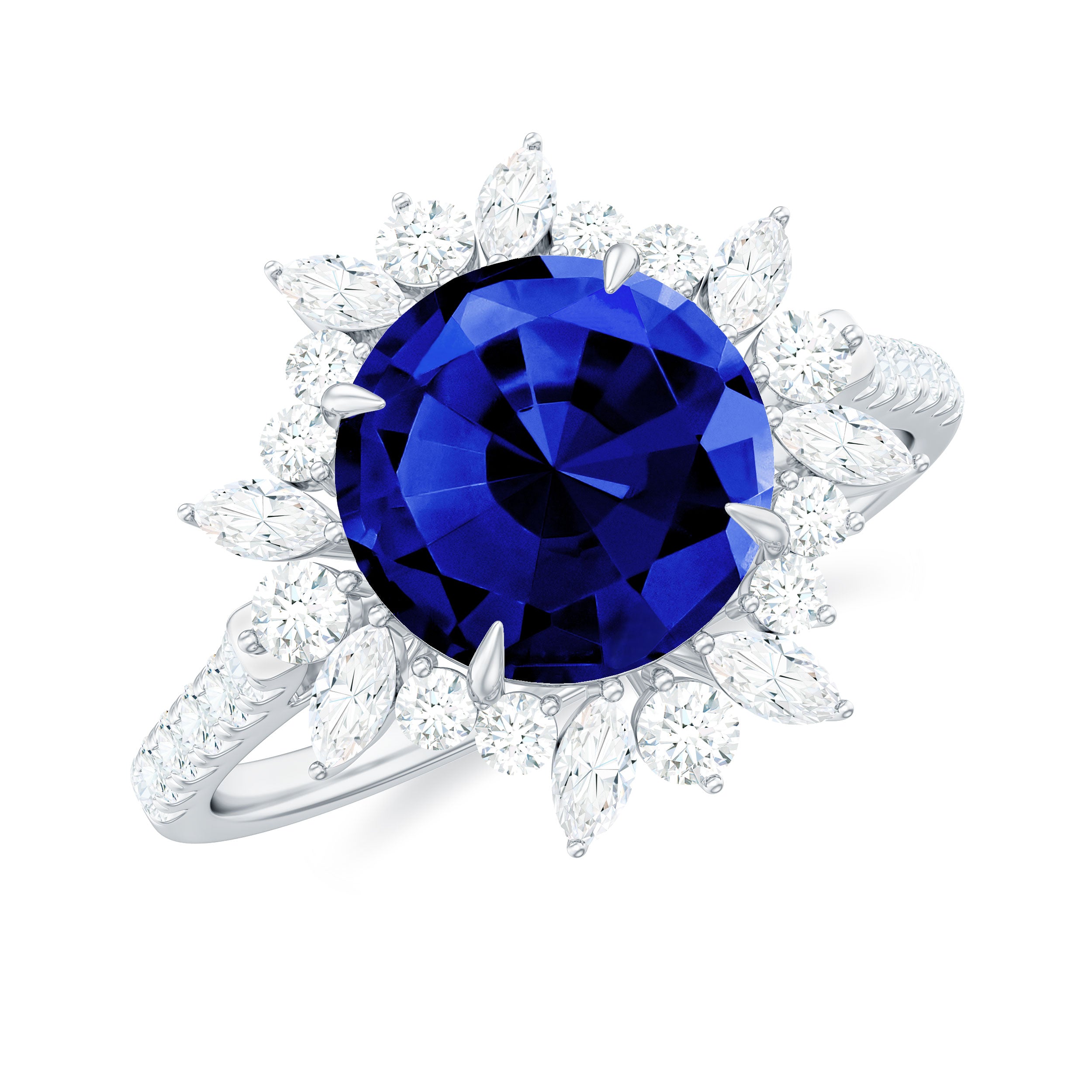 Lab-Created Blue Sapphire Cocktail Ring with Diamond Floral Halo Lab Created Blue Sapphire - ( AAAA ) - Quality - Rosec Jewels