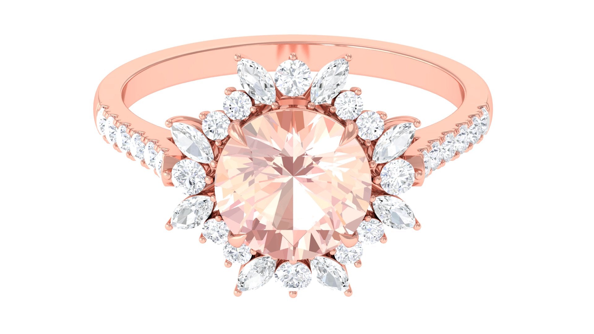 Round Morganite Statement Engagement Ring with Moissanite Floral Halo Morganite - ( AAA ) - Quality - Rosec Jewels