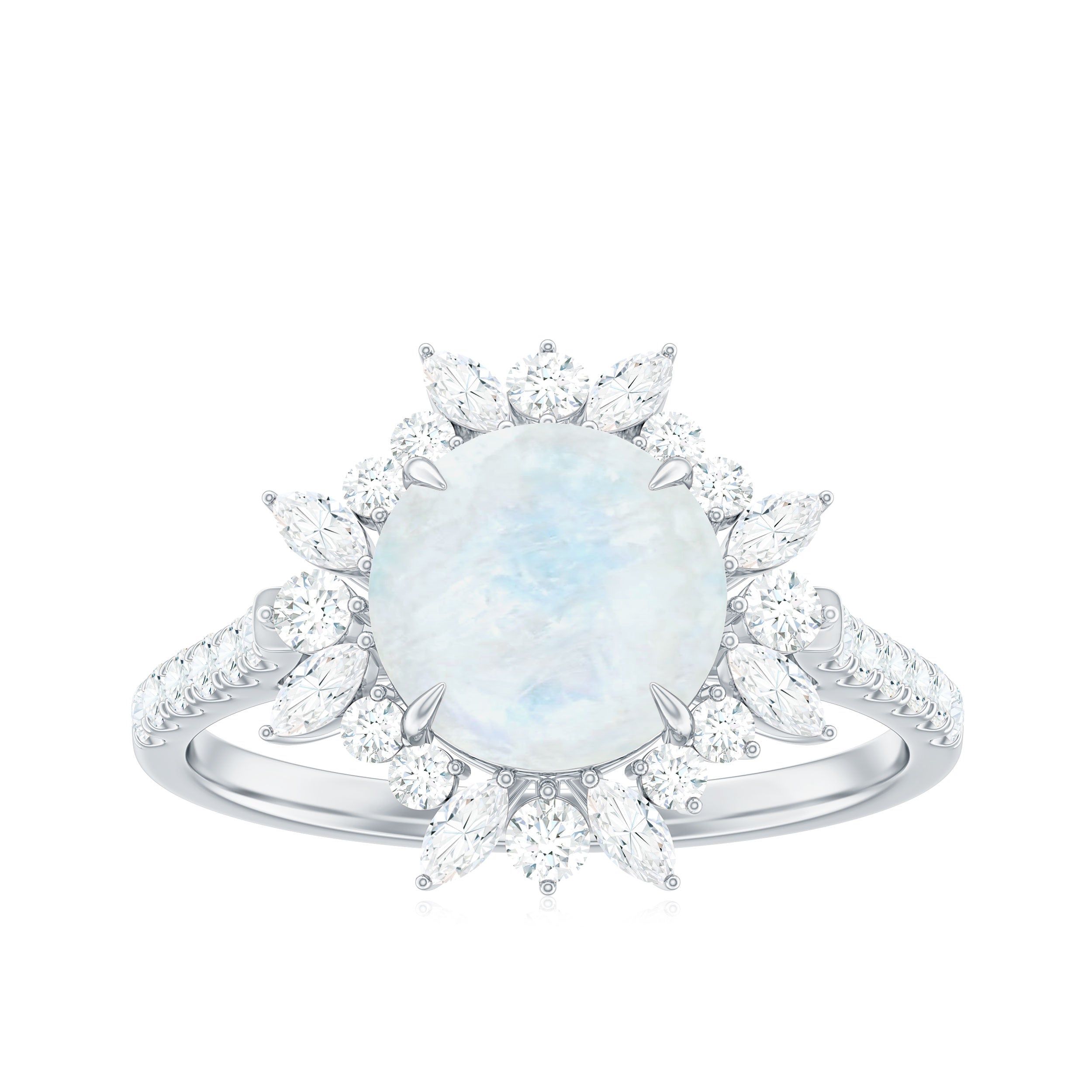 Round Moonstone Statement Ring with Moissanite Floral Halo Moonstone - ( AAA ) - Quality - Rosec Jewels