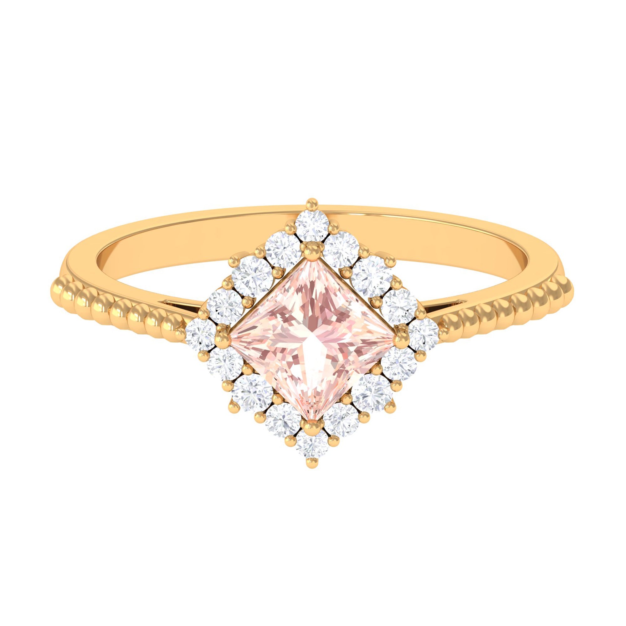 1 Ct Princess Morganite and Diamond Halo Engagement Ring Morganite - ( AAA ) - Quality - Rosec Jewels