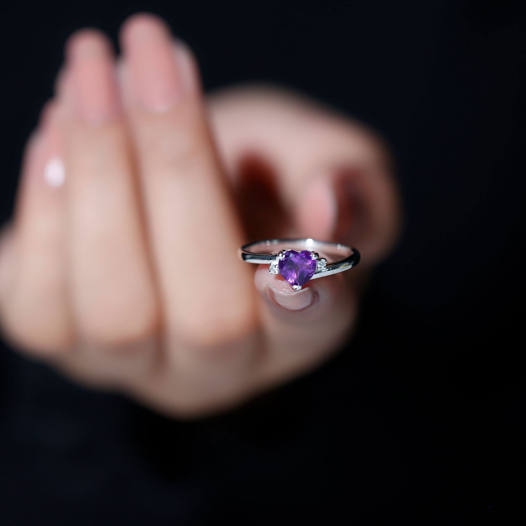 Rosec Jewels-Heart Shape Amethyst Solitaire Promise Ring with Moissanite