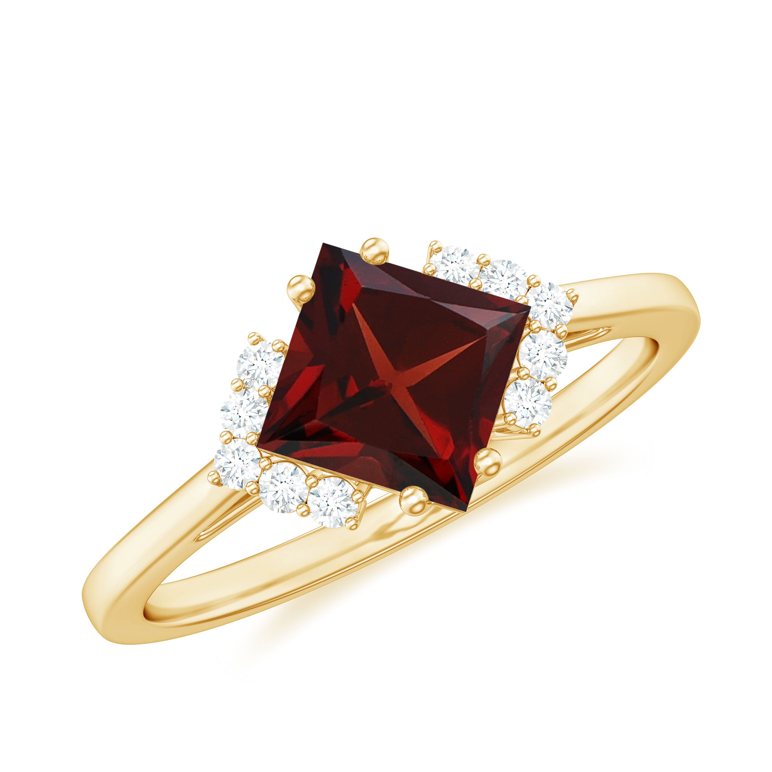 Princess Cut Garnet Engagement Ring with Diamond Accent Garnet - ( AAA ) - Quality - Rosec Jewels