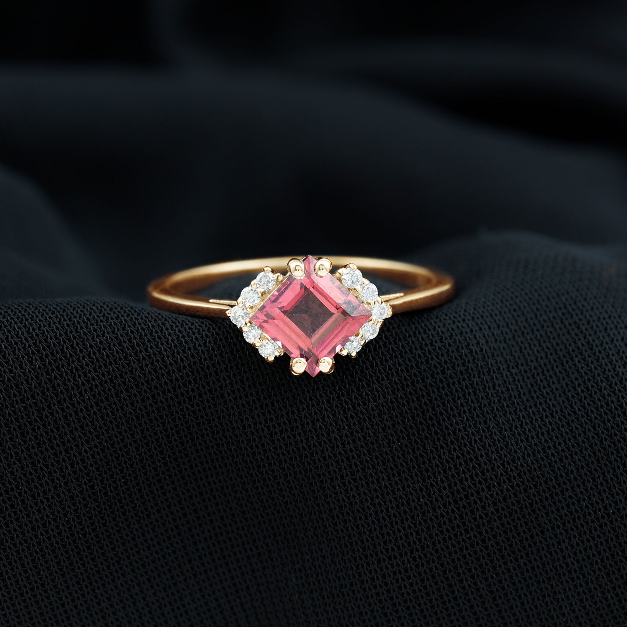 Princess Cut Pink Tourmaline Engagement Ring with Diamond Accent Pink Tourmaline - ( AAA ) - Quality - Rosec Jewels