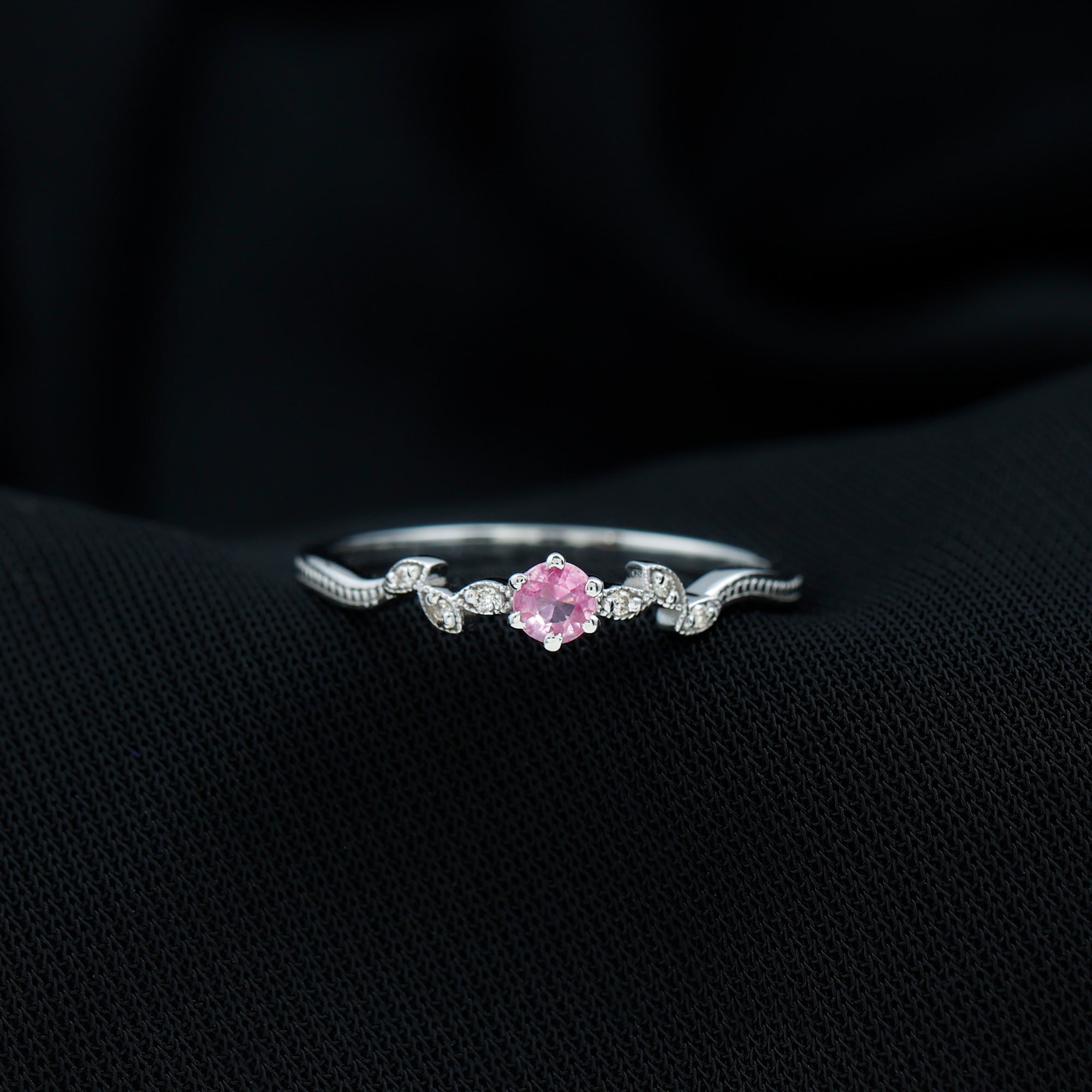 Pink Sapphire and Moissanite Leaf Promise Ring with Beaded Detailing Pink Sapphire - ( AAAA ) - Quality 92.5 Sterling Silver 6.5 - Rosec Jewels