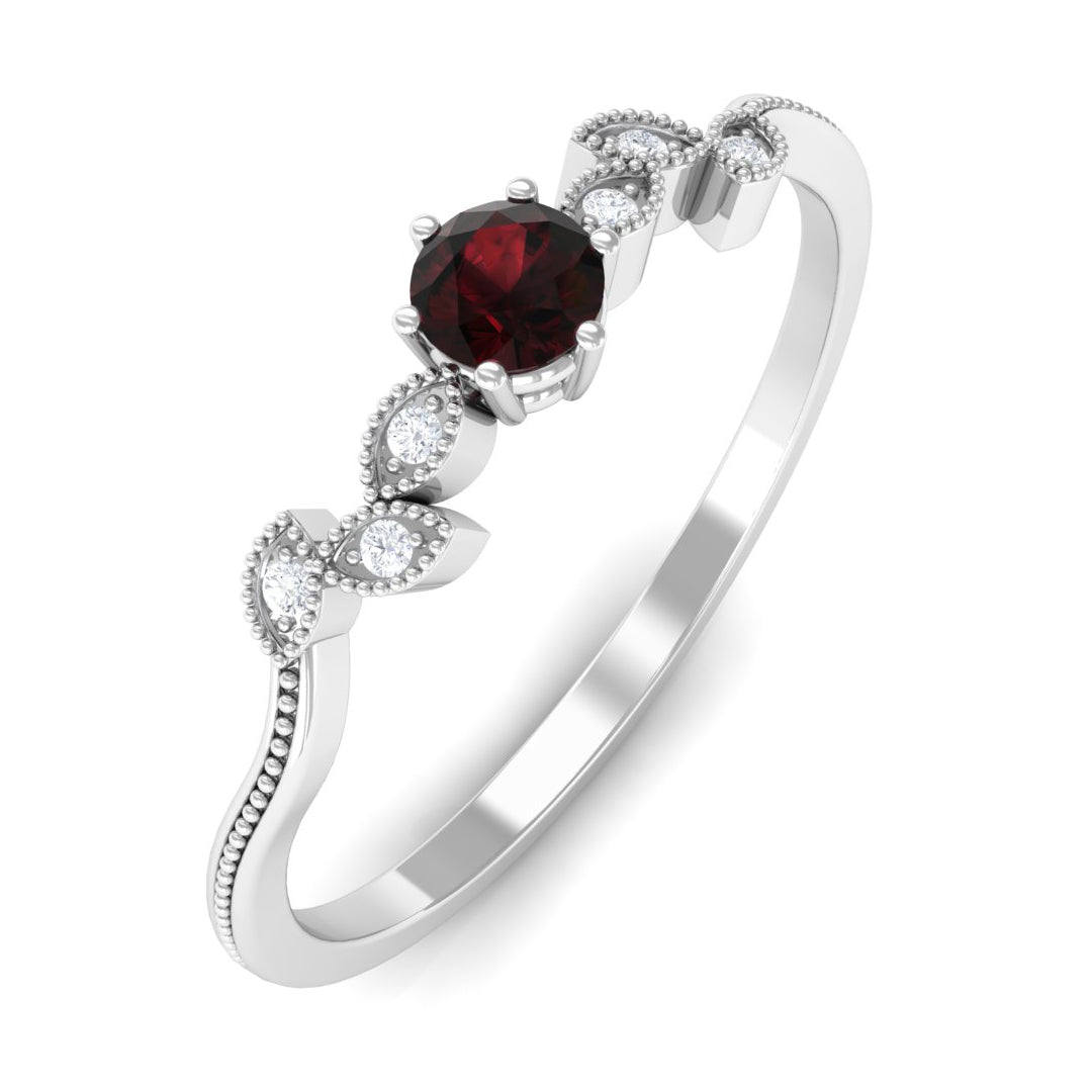 Natural Garnet Solitaire Leaf Inspired Promise Ring with Beaded Details Garnet - ( AAA ) - Quality - Rosec Jewels