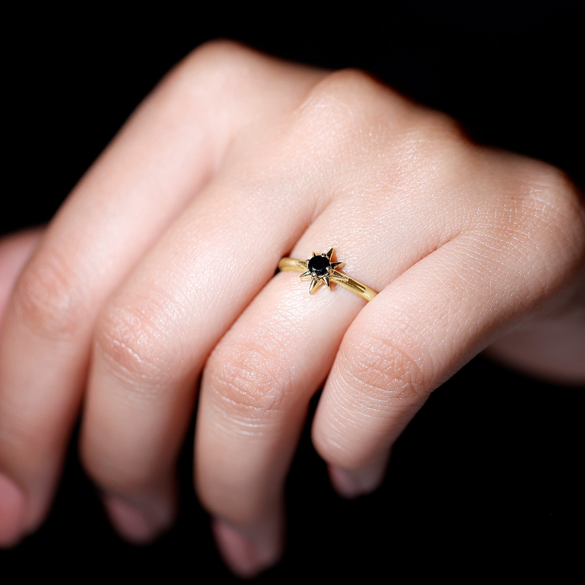 Round Black Spinel Sunburst Promise Ring Black Spinel - ( AAA ) - Quality - Rosec Jewels