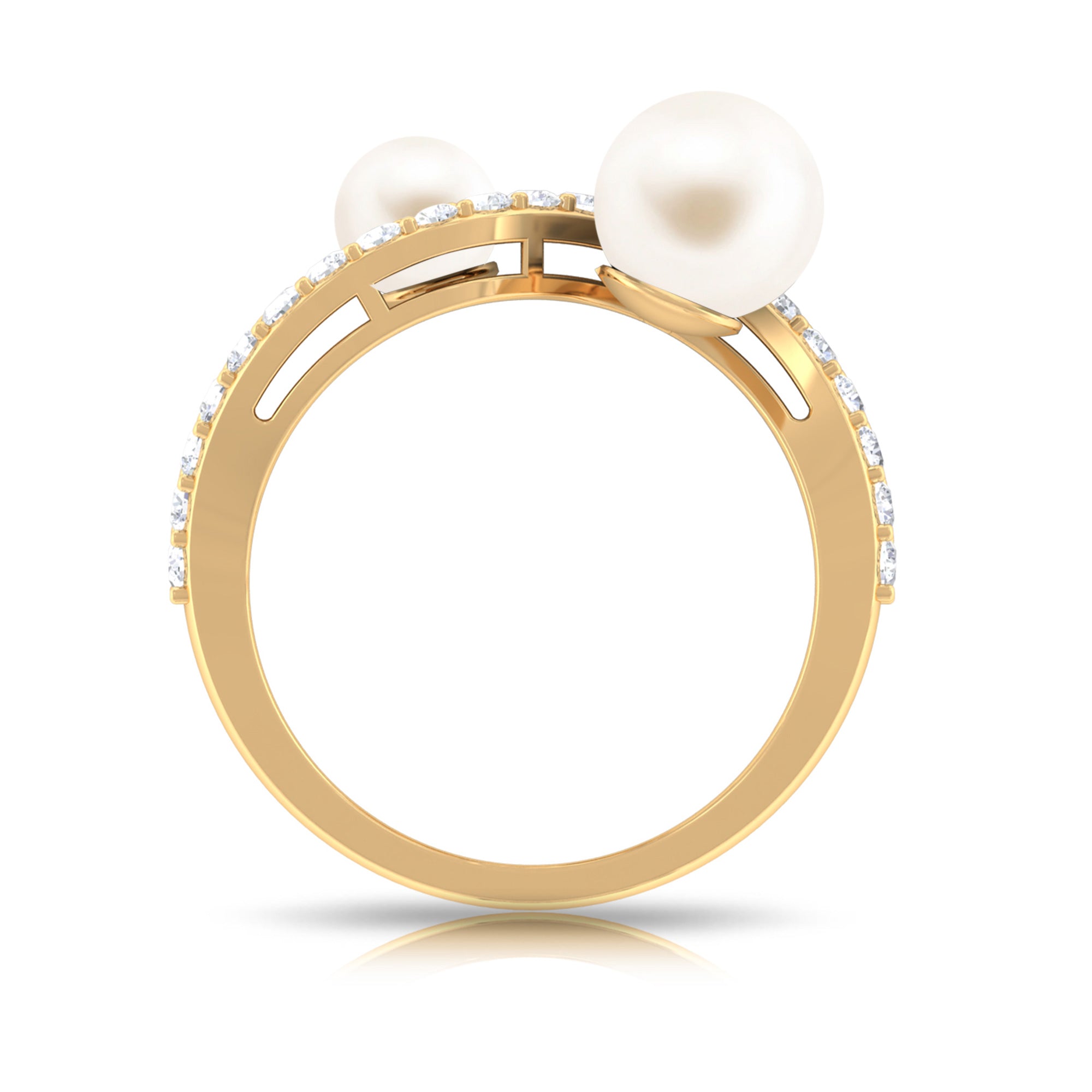 2 Stone Freshwater Pearl Cocktail Ring with Diamond Curved Band Freshwater Pearl - ( AAA ) - Quality - Rosec Jewels