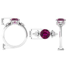 Round Rhodolite Solitaire Flower Engagement Ring with Diamond Rhodolite - ( AAA ) - Quality - Rosec Jewels