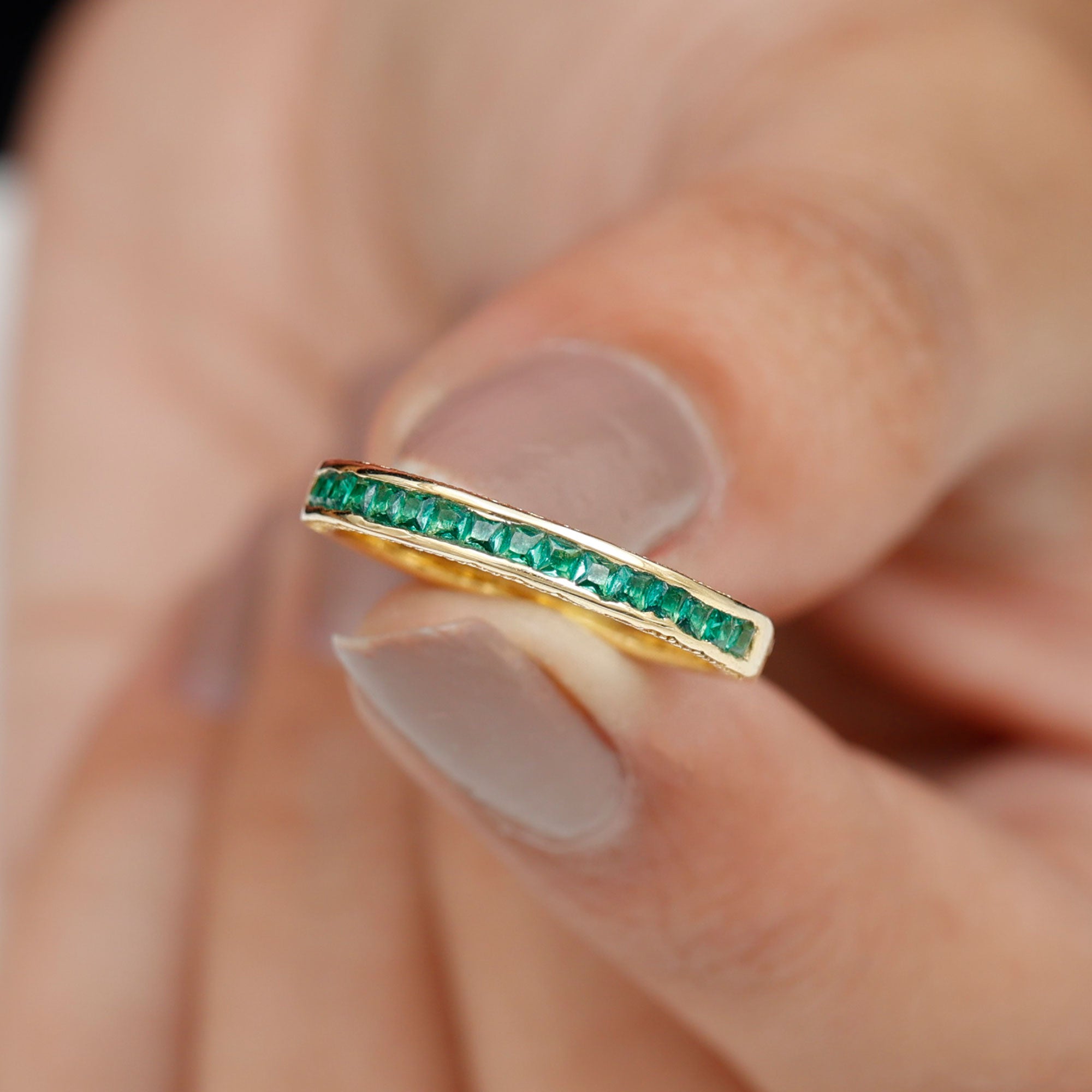 Princess Cut Lab Grown Emerald Half Eternity Ring Lab Created Emerald - ( AAAA ) - Quality - Rosec Jewels