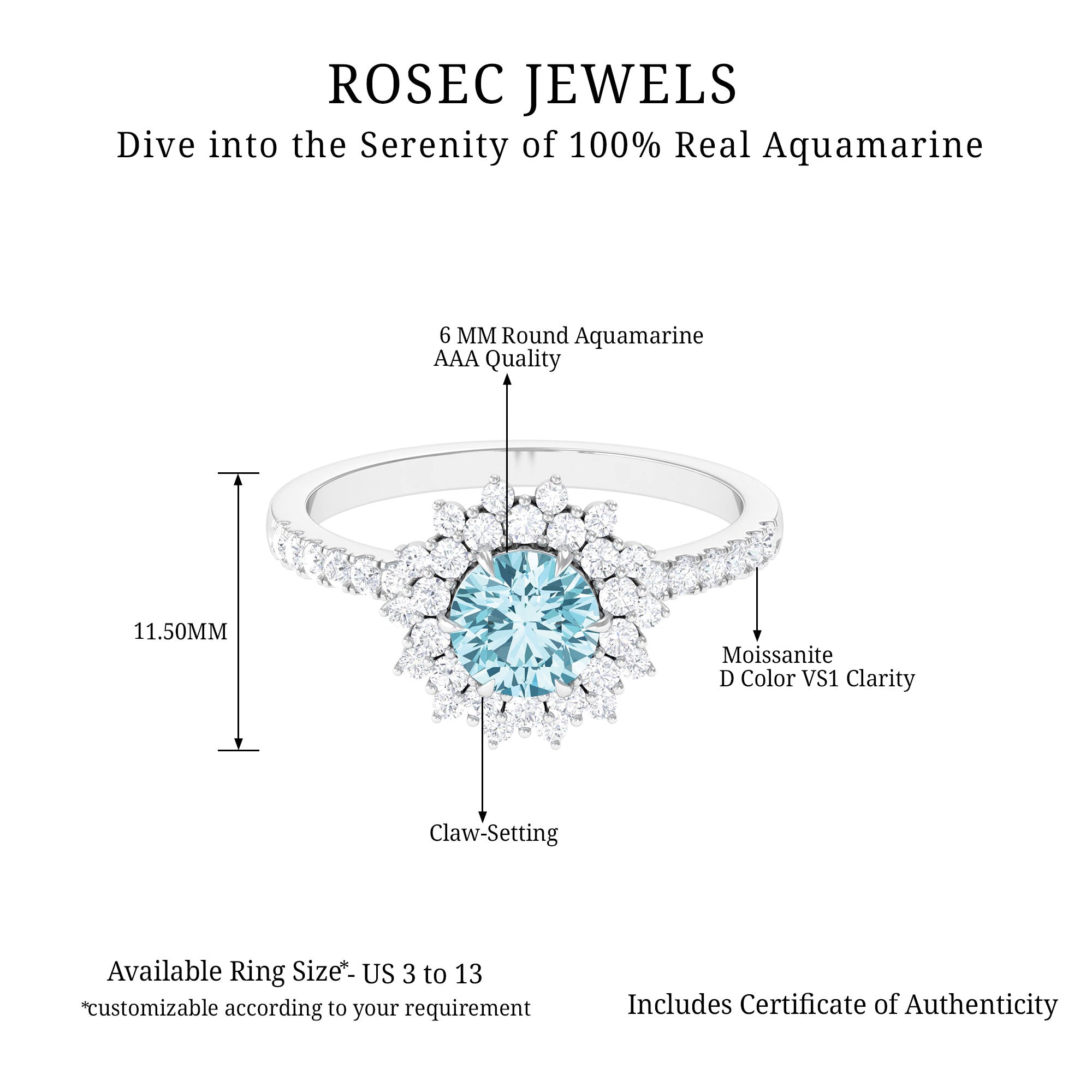 Aquamarine and Moissanite Cluster Halo Engagement Ring Aquamarine - ( AAA ) - Quality - Rosec Jewels