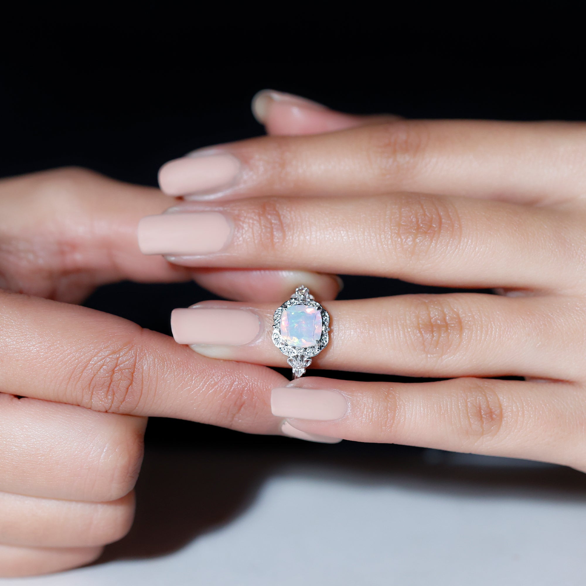 Cushion Cut Ethiopian Opal Cocktail Engagement Ring with Diamond Accent Ethiopian Opal - ( AAA ) - Quality - Rosec Jewels