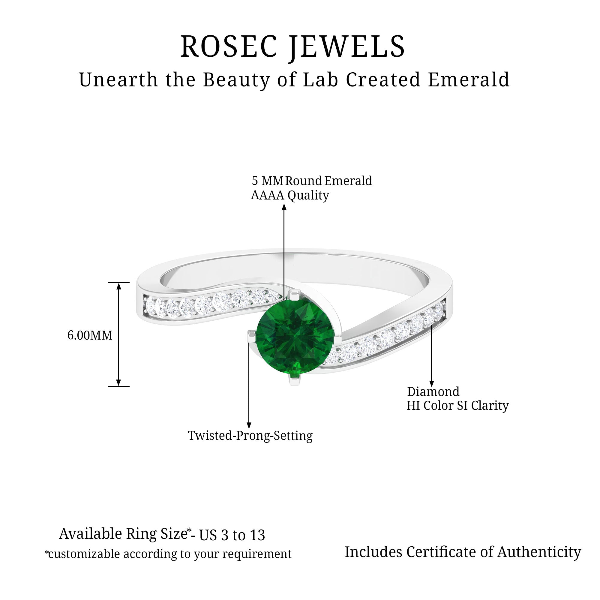 Lab Grown Emerald Solitaire Bypass Ring with Diamond Lab Created Emerald - ( AAAA ) - Quality - Rosec Jewels