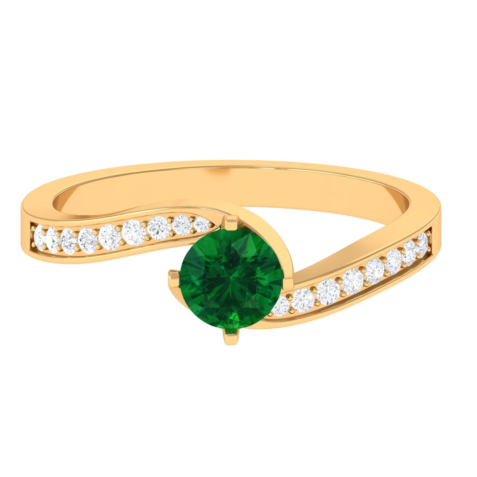 Lab Grown Emerald Solitaire Bypass Ring with Diamond Lab Created Emerald - ( AAAA ) - Quality - Rosec Jewels