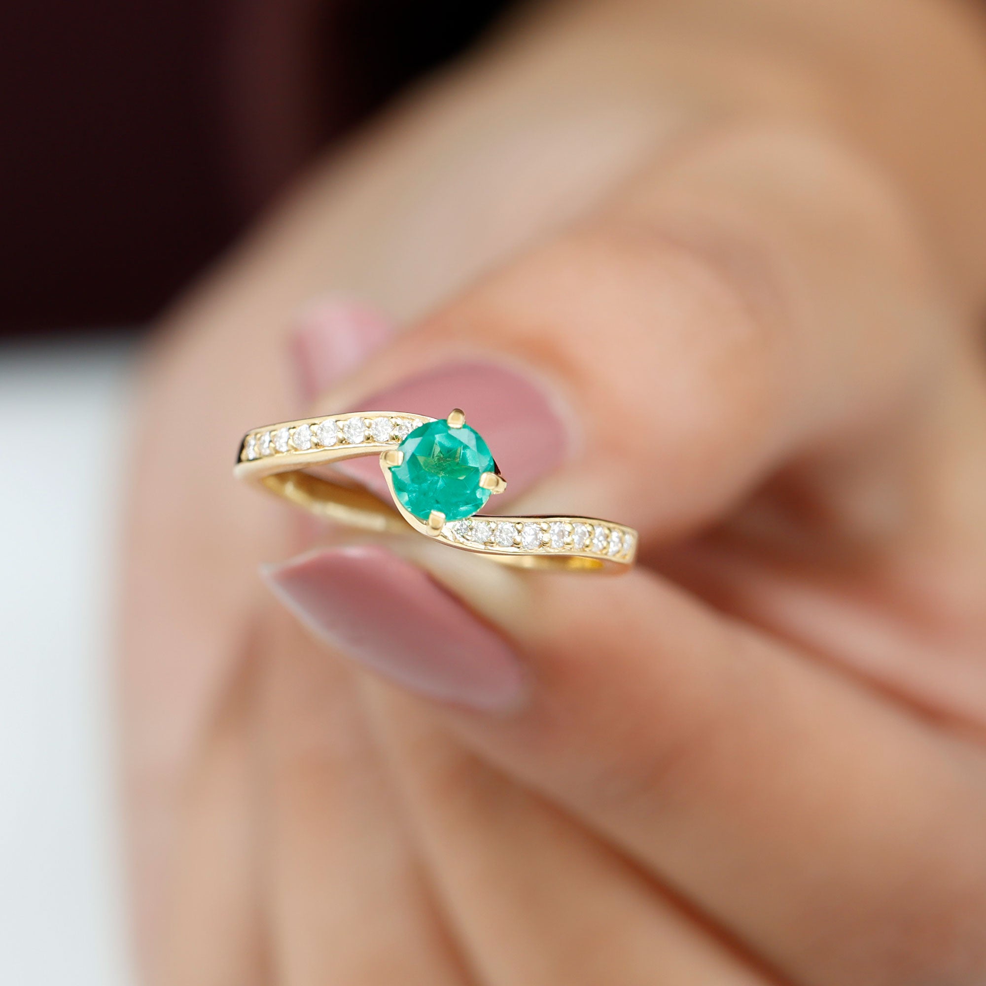 Lab Grown Emerald Solitaire Bypass Ring with Diamond Lab Created Emerald - ( AAAA ) - Quality - Rosec Jewels