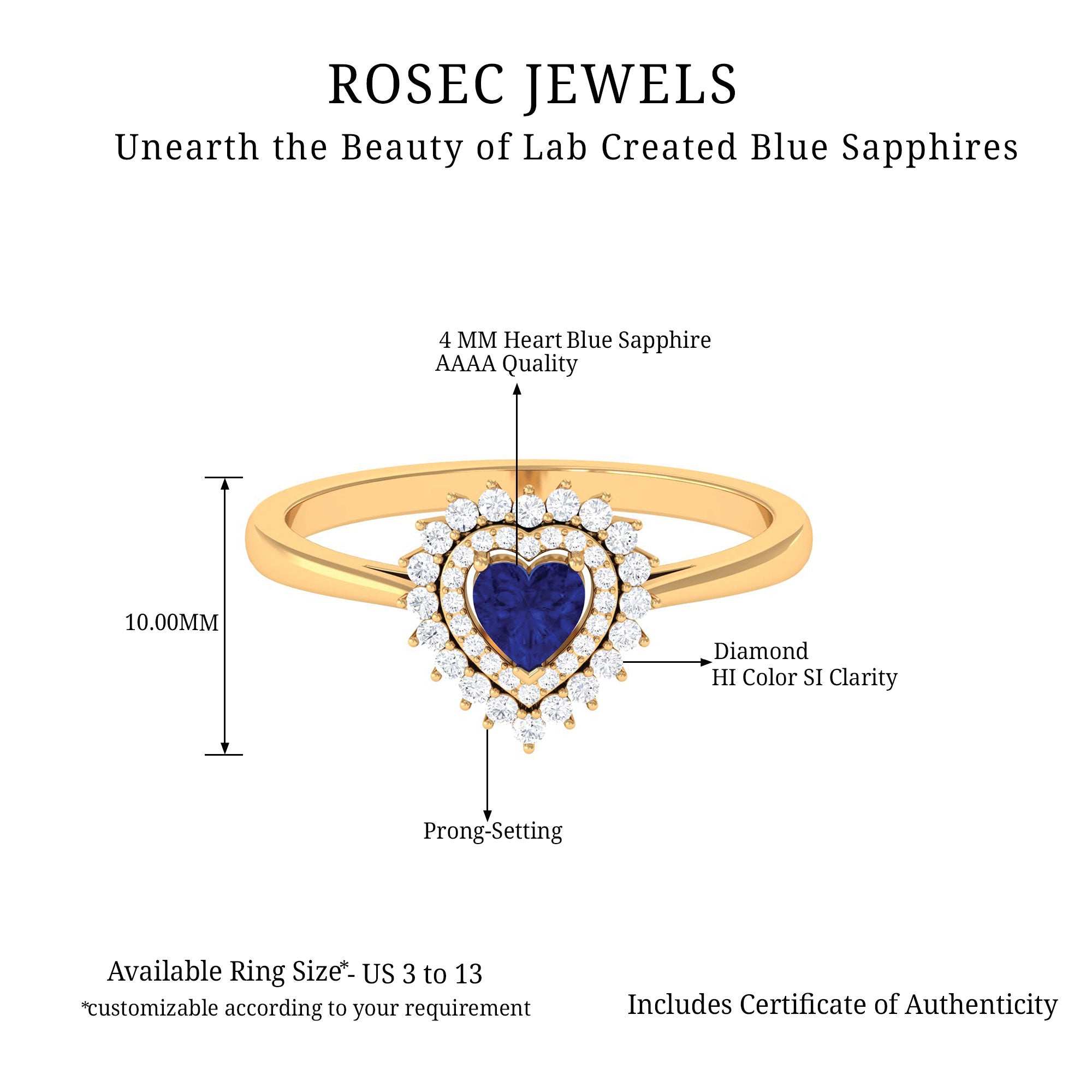 Created Blue Sapphire Heart Engagement Ring with Diamond Double Halo Lab Created Blue Sapphire - ( AAAA ) - Quality - Rosec Jewels