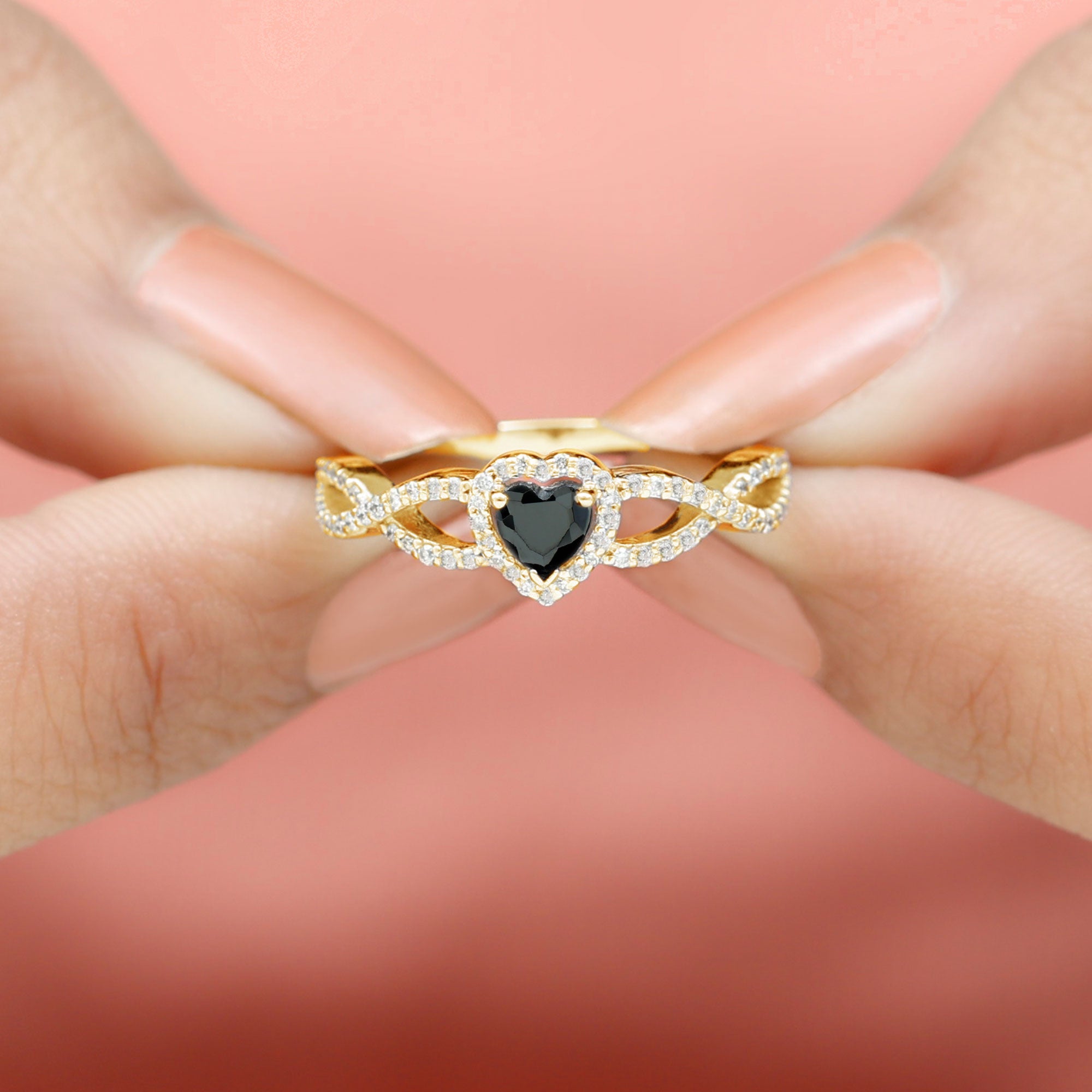 1 CT Created Black Diamond Heart Crisscross Engagement Ring with Diamond Lab Created Black Diamond - ( AAAA ) - Quality - Rosec Jewels