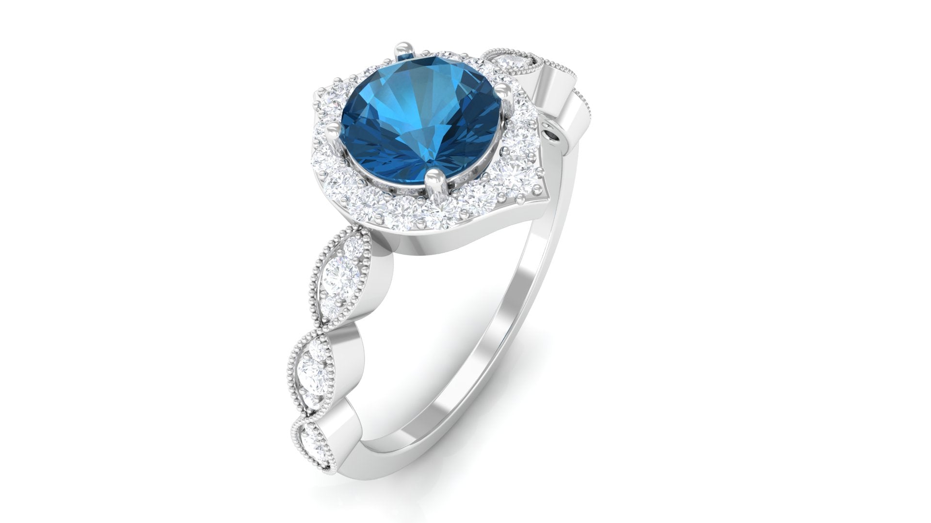 Vintage Style London Blue Topaz Engagement Ring with Diamond London Blue Topaz - ( AAA ) - Quality - Rosec Jewels