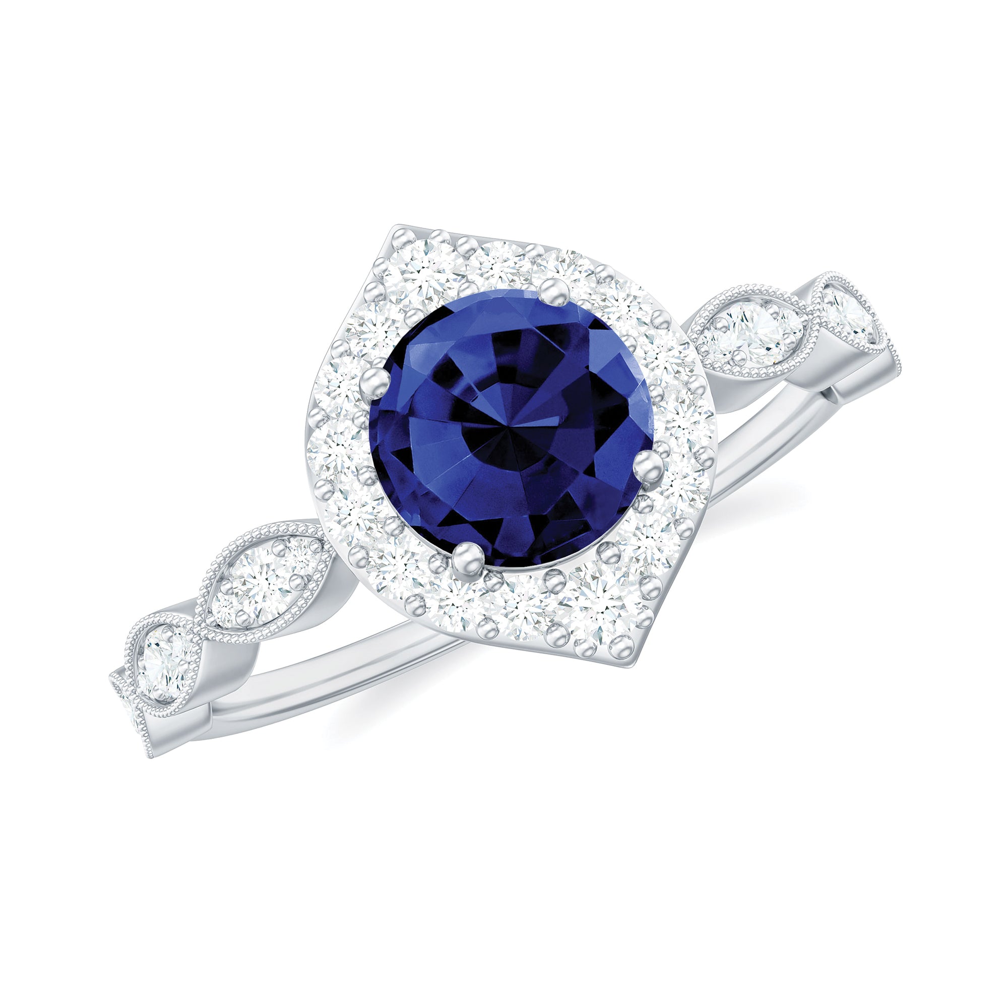 1.75 CT Vintage Created Blue Sapphire Engagement Ring with Diamond Accent Lab Created Blue Sapphire - ( AAAA ) - Quality - Rosec Jewels