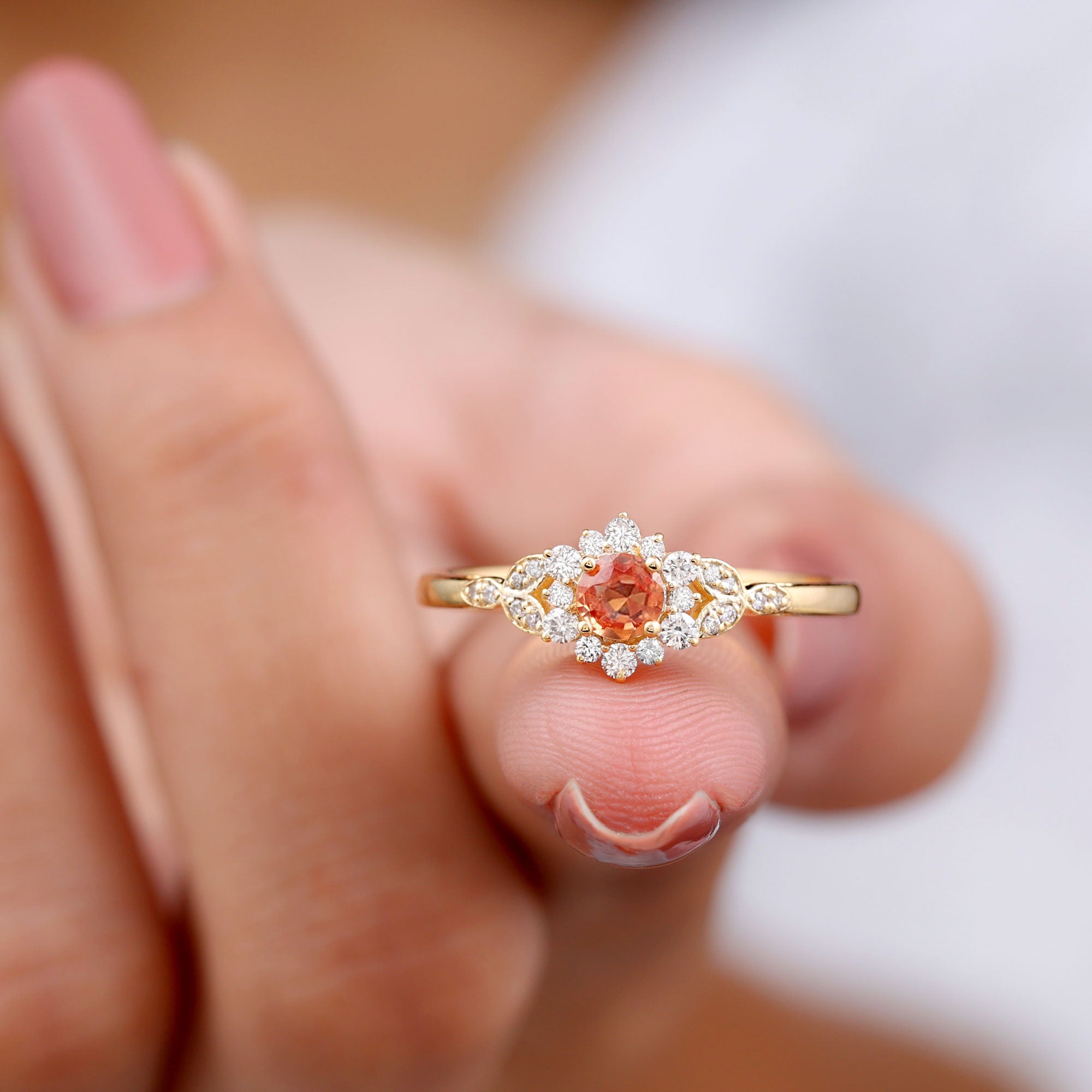 Orange Sapphire Flower Engagement Ring with Diamond Halo Orange Sapphire - ( AAA ) - Quality - Rosec Jewels