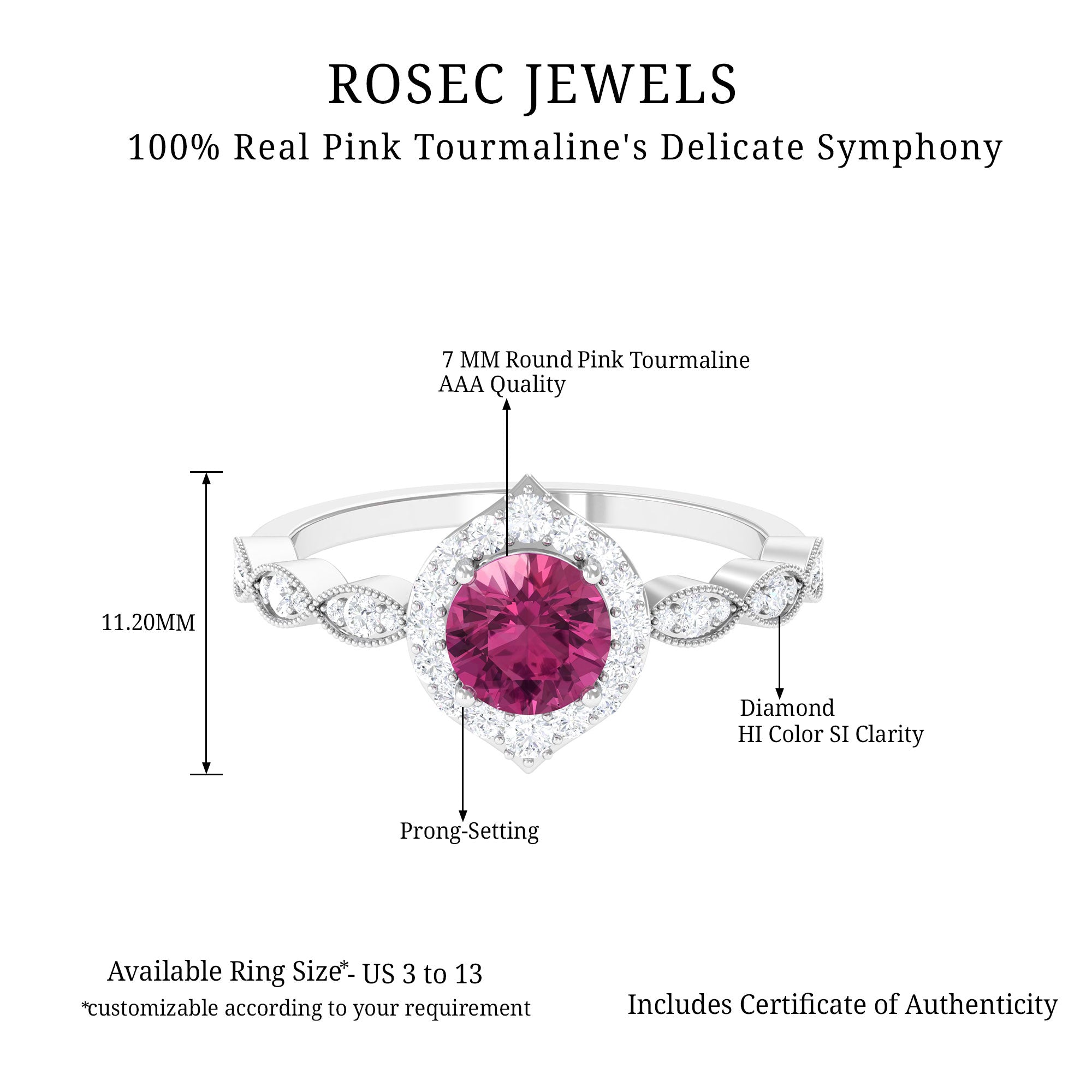 1.25 CT Vintage Style Pink Tourmaline Engagement Ring with Diamond Pink Tourmaline - ( AAA ) - Quality - Rosec Jewels