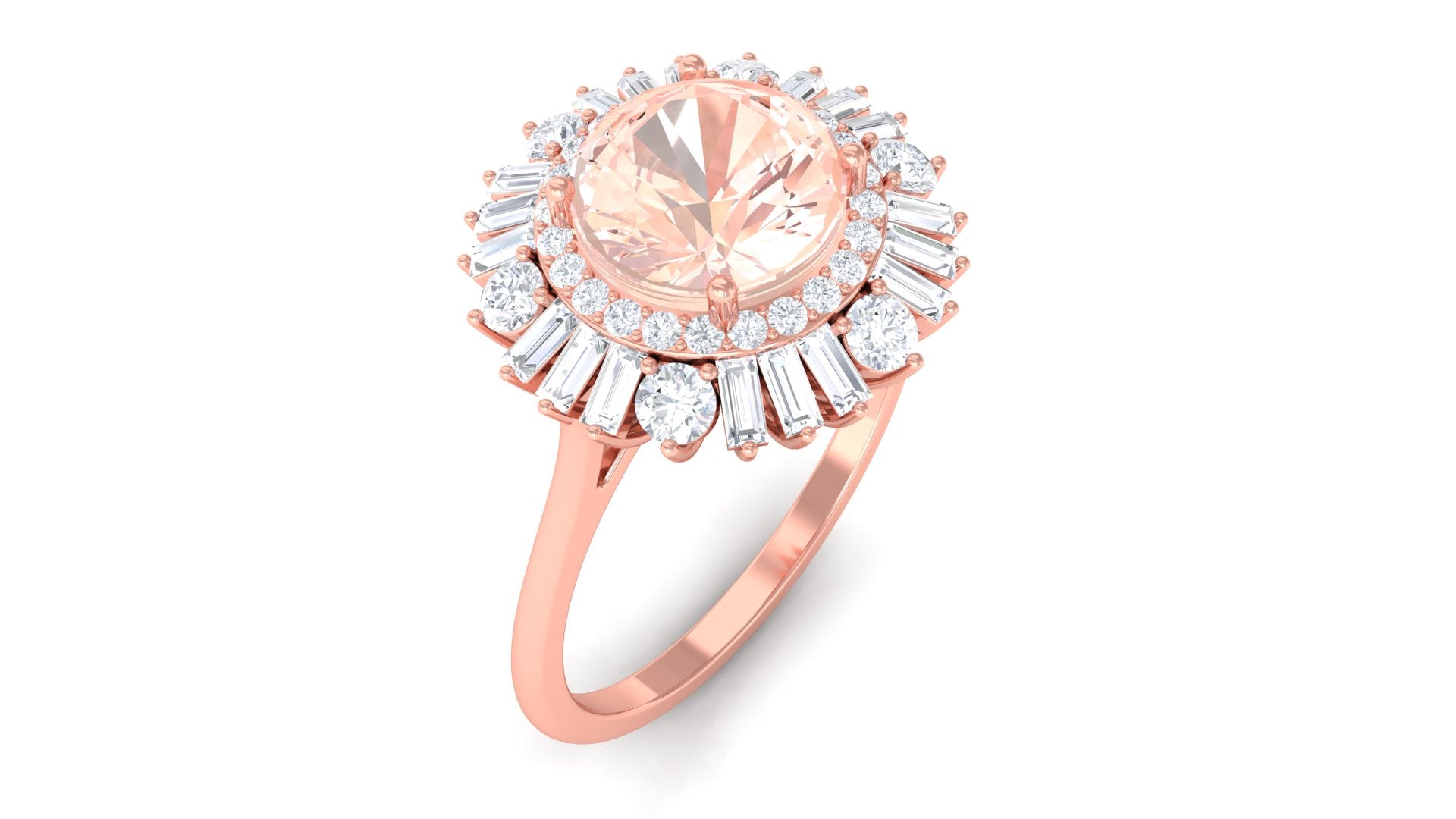 Round Morganite Cocktail Ring with Moissanite Double Halo Morganite - ( AAA ) - Quality - Rosec Jewels