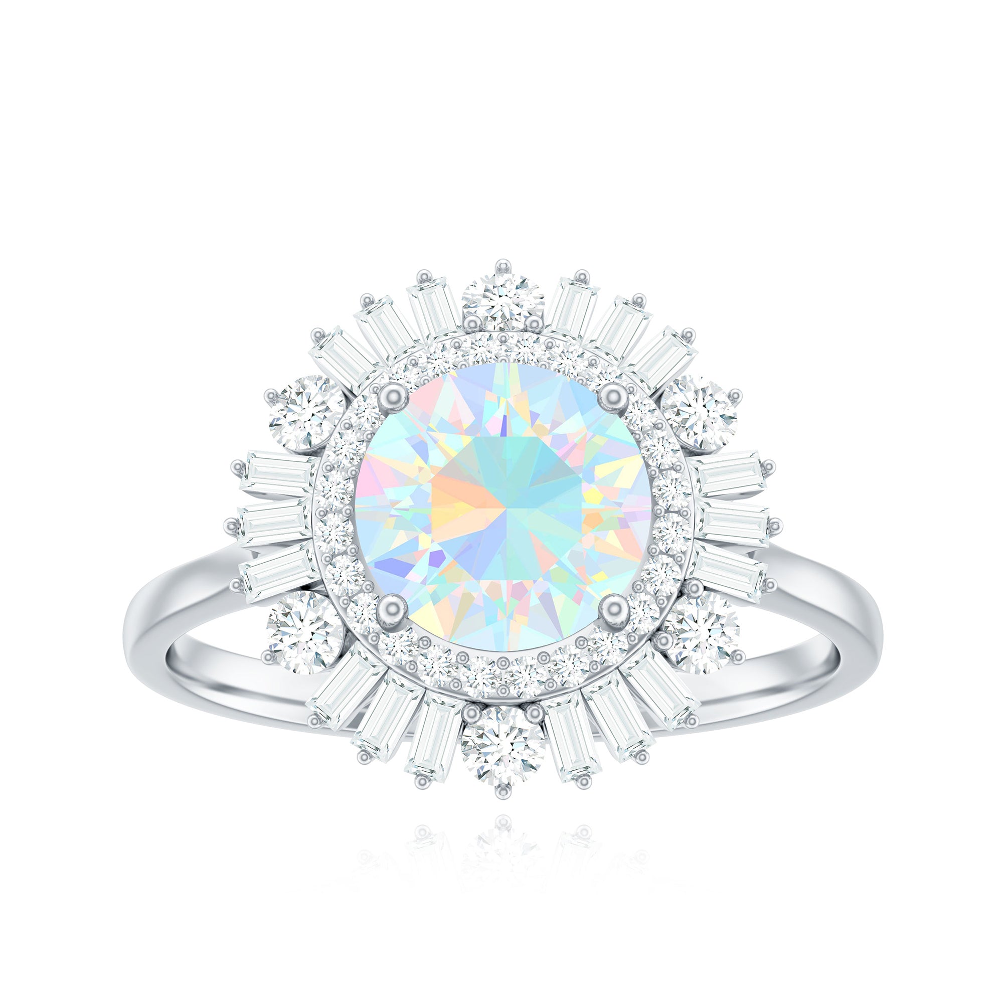 Round Ethiopian Opal Cocktail Ring with Moissanite Double Halo Ethiopian Opal - ( AAA ) - Quality - Rosec Jewels