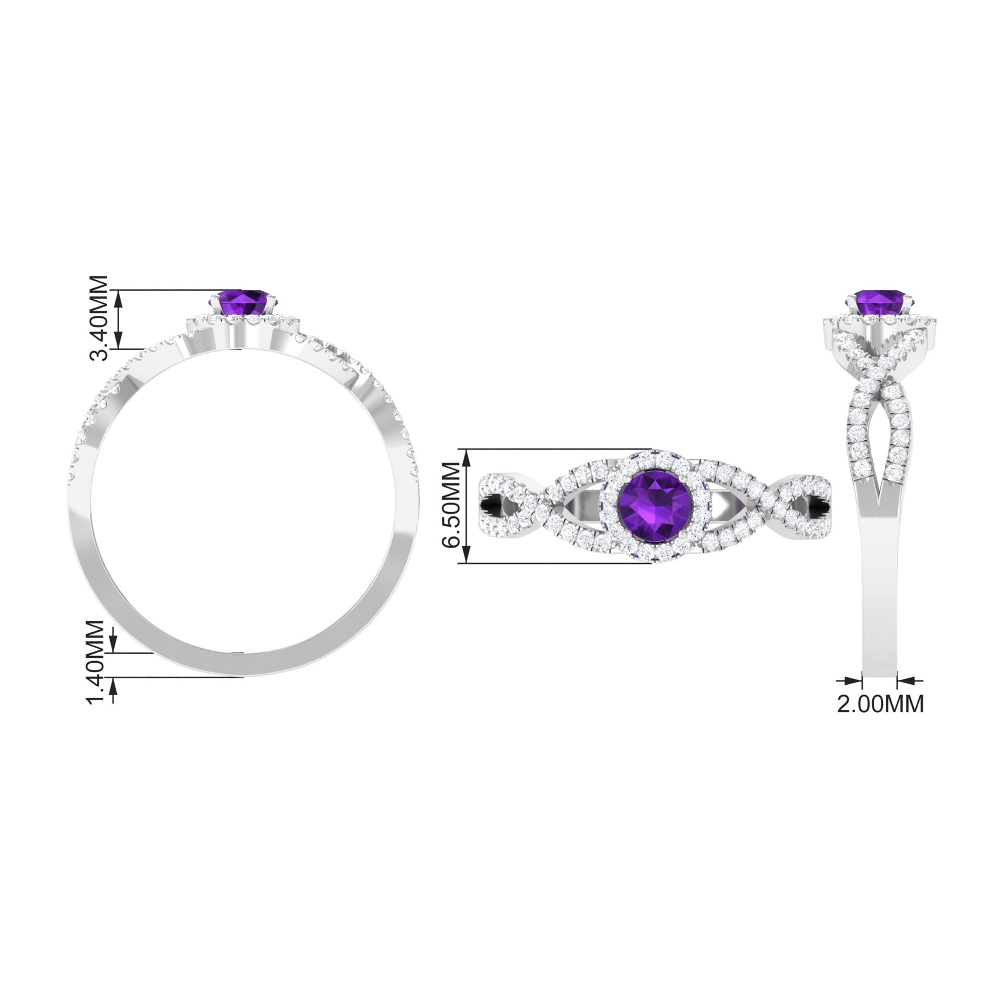 Round Amethyst and Diamond Criss Cross Engagement Ring Amethyst - ( AAA ) - Quality - Rosec Jewels