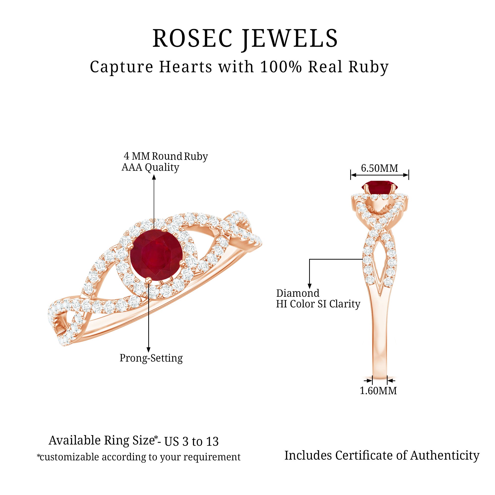 Round Ruby and Diamond Criss Cross Engagement Ring Ruby - ( AAA ) - Quality - Rosec Jewels