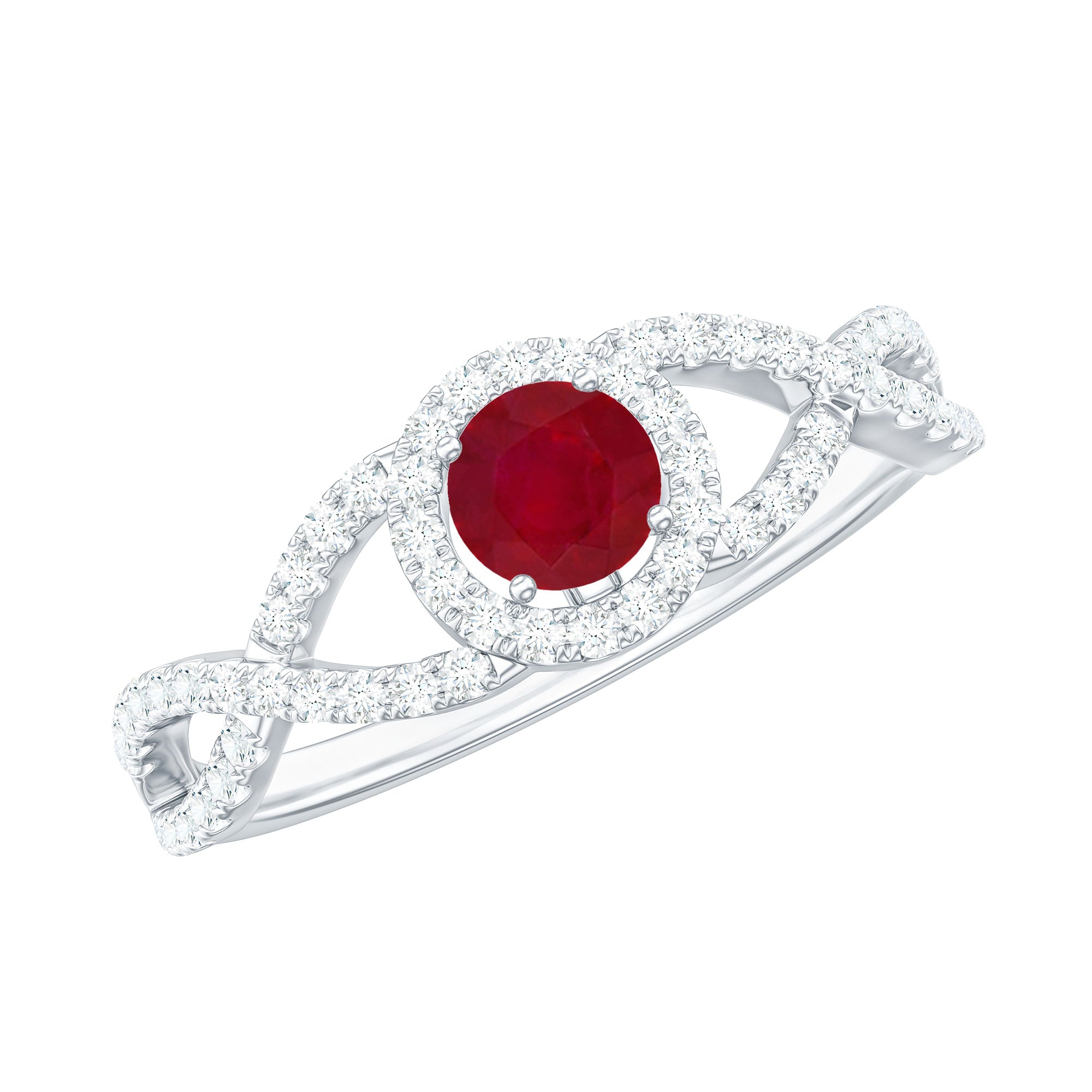 Round Ruby and Diamond Criss Cross Engagement Ring Ruby - ( AAA ) - Quality - Rosec Jewels