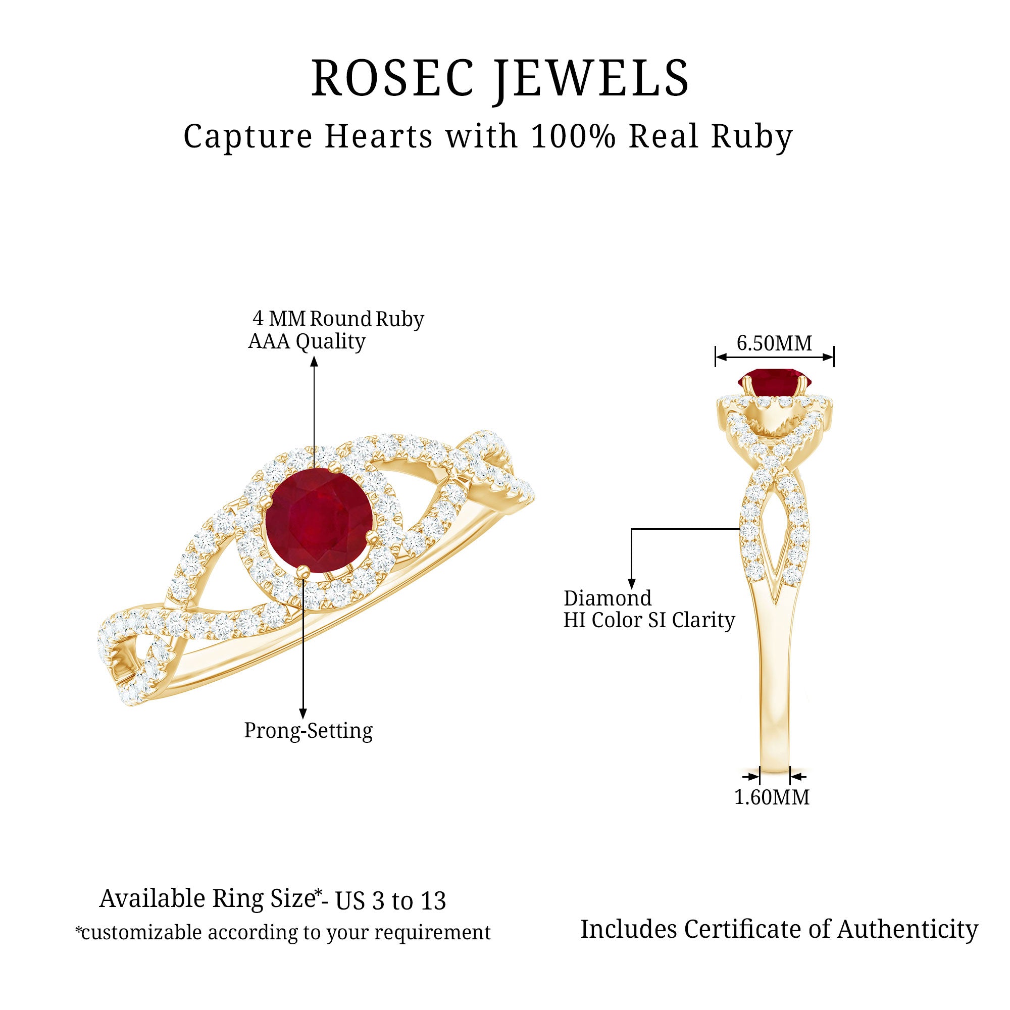 Round Ruby and Diamond Criss Cross Engagement Ring Ruby - ( AAA ) - Quality - Rosec Jewels