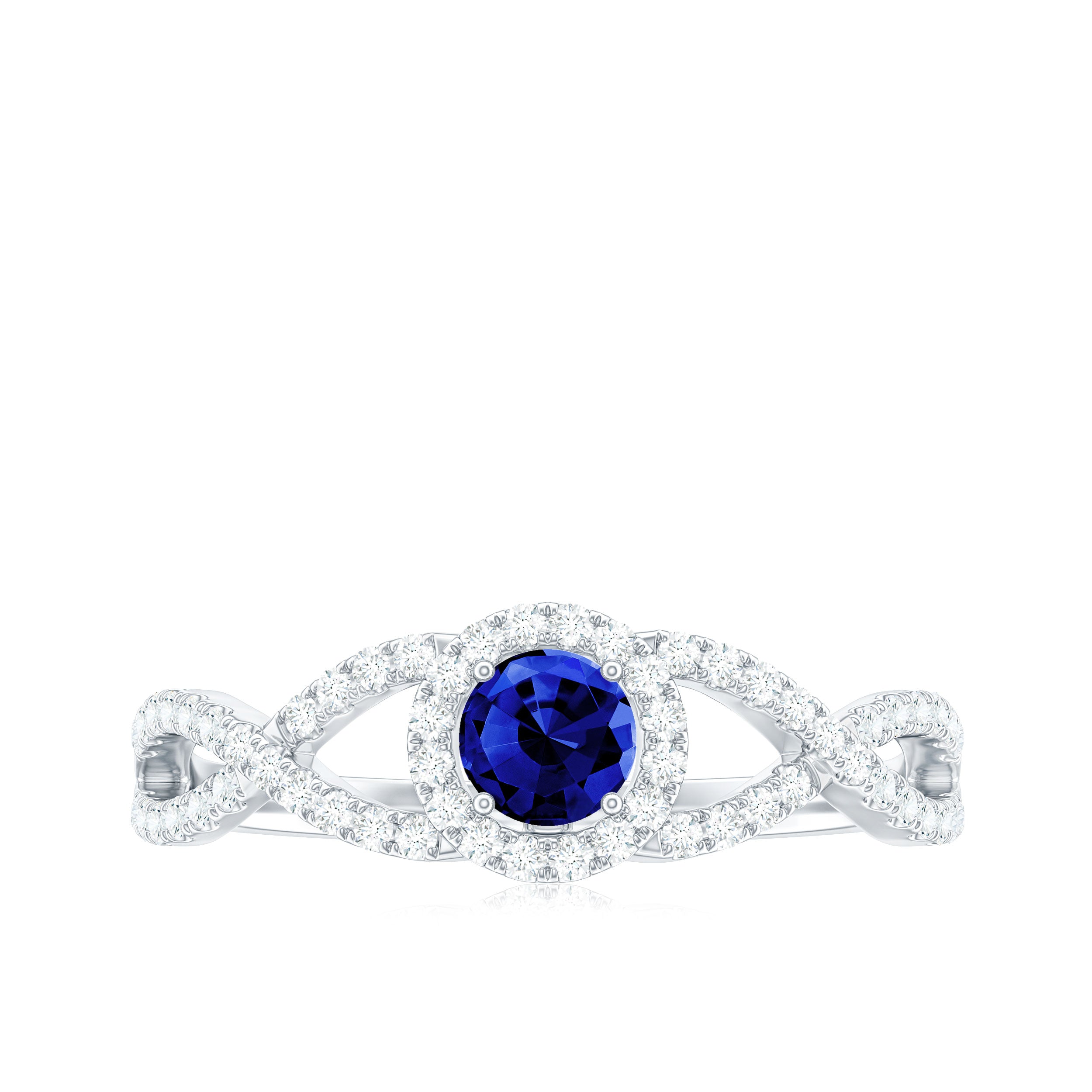 Round Created Blue Sapphire Crisscross Engagement Ring with Moissanite Halo Lab Created Blue Sapphire - ( AAAA ) - Quality - Rosec Jewels