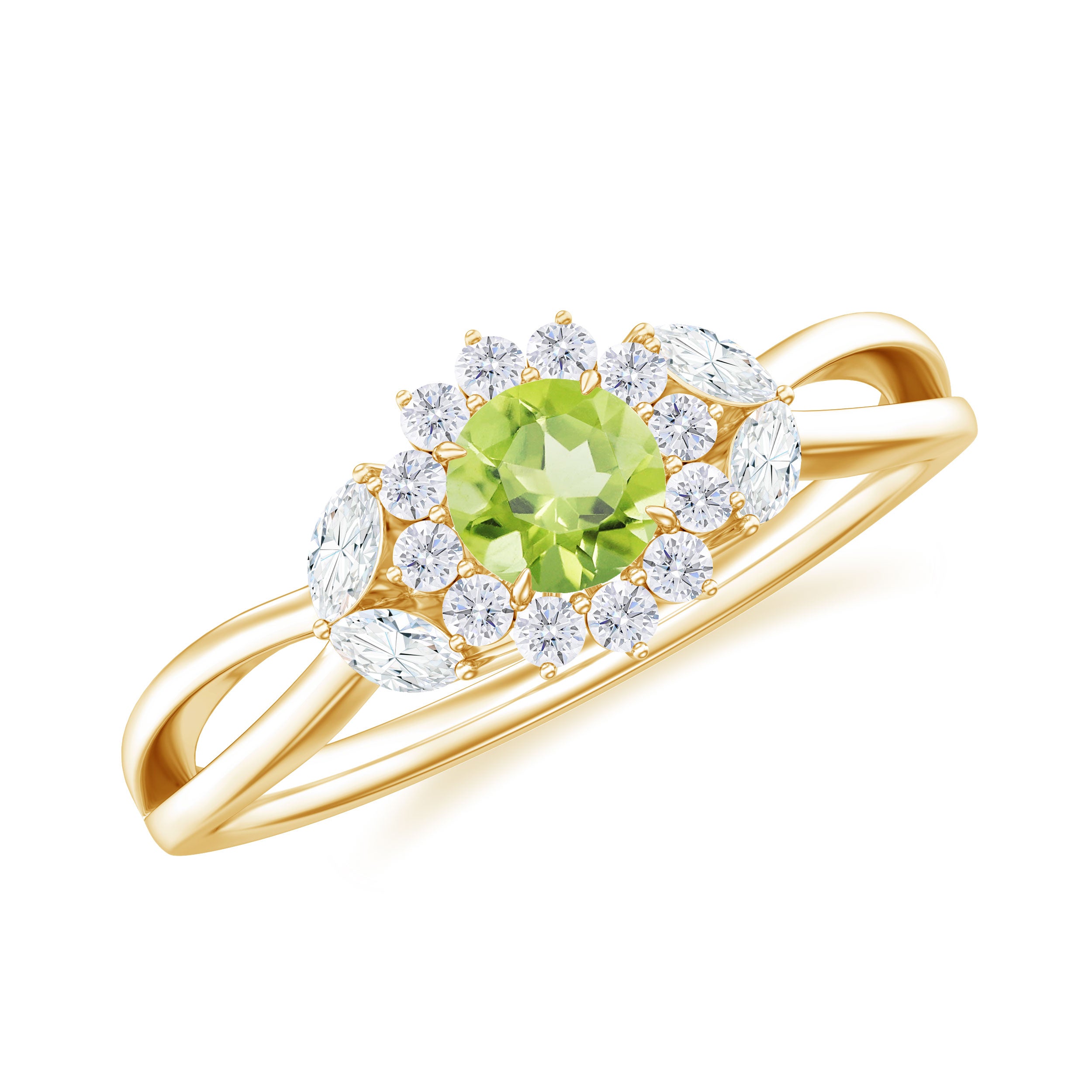 Peridot and Diamond Flower Engagement Ring with Split Shank Peridot - ( AAA ) - Quality - Rosec Jewels