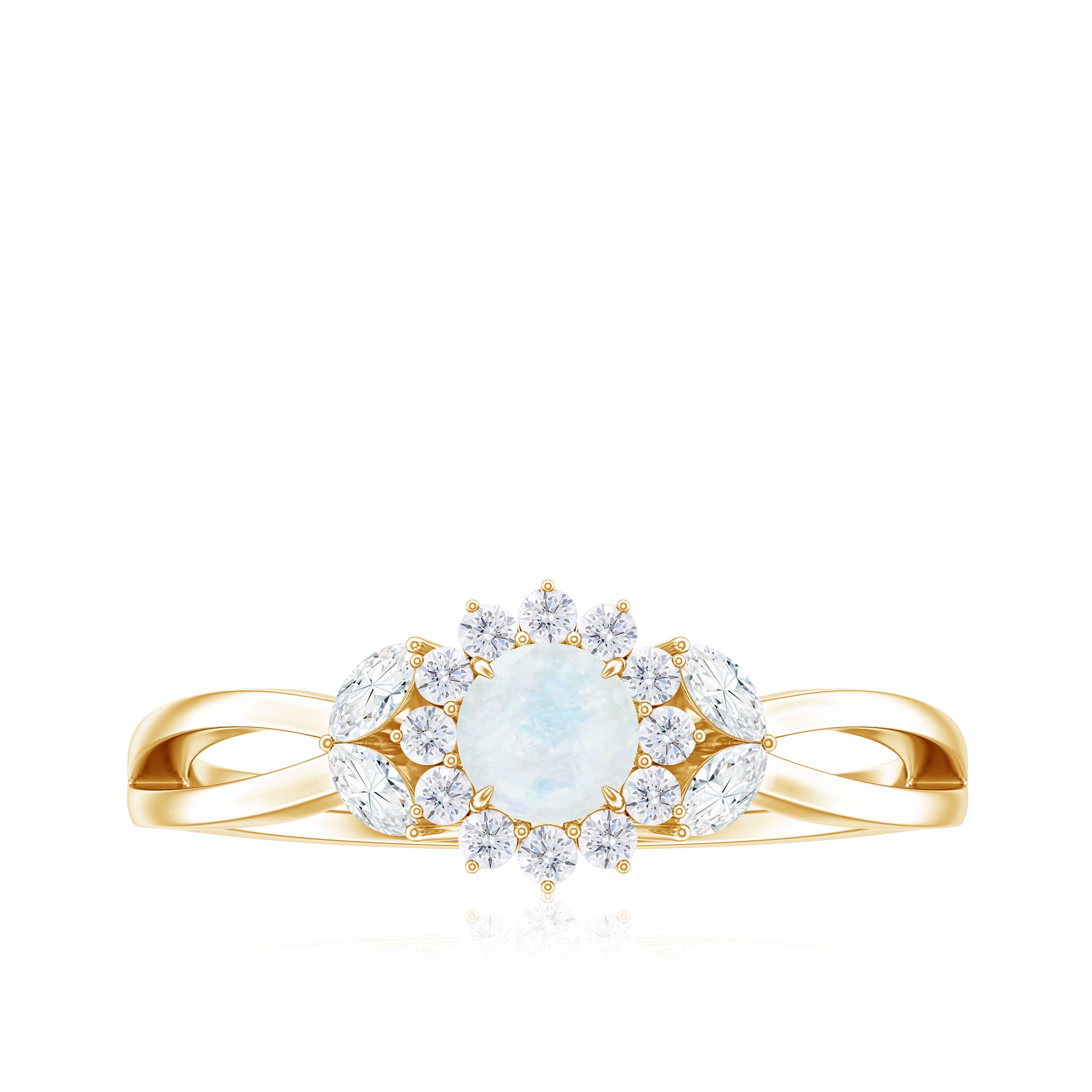 Moonstone and Diamond Flower Engagement Ring with Split Shank Moonstone - ( AAA ) - Quality - Rosec Jewels