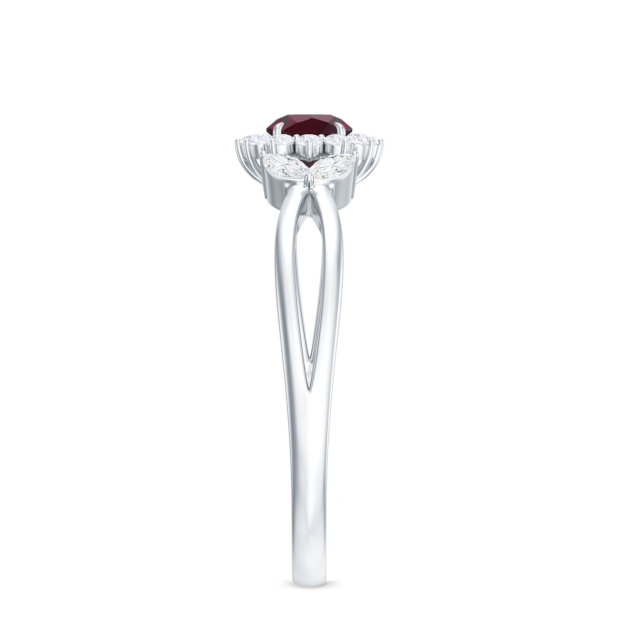 Rhodolite and Diamond Flower Engagement Ring with Split Shank Rhodolite - ( AAA ) - Quality - Rosec Jewels