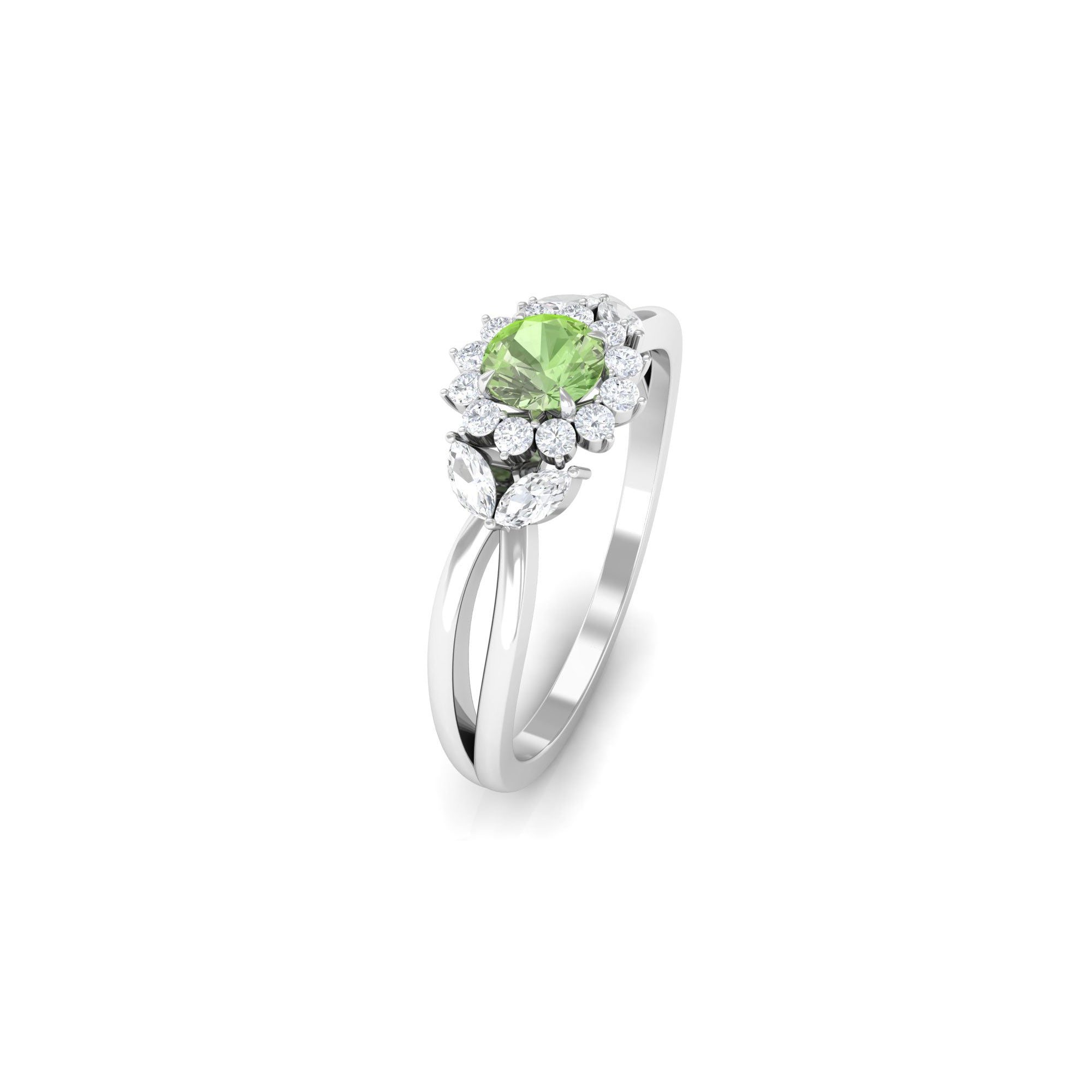 Green Sapphire and Diamond Flower Engagement Ring with Split Shank Green Sapphire - ( AAA ) - Quality - Rosec Jewels