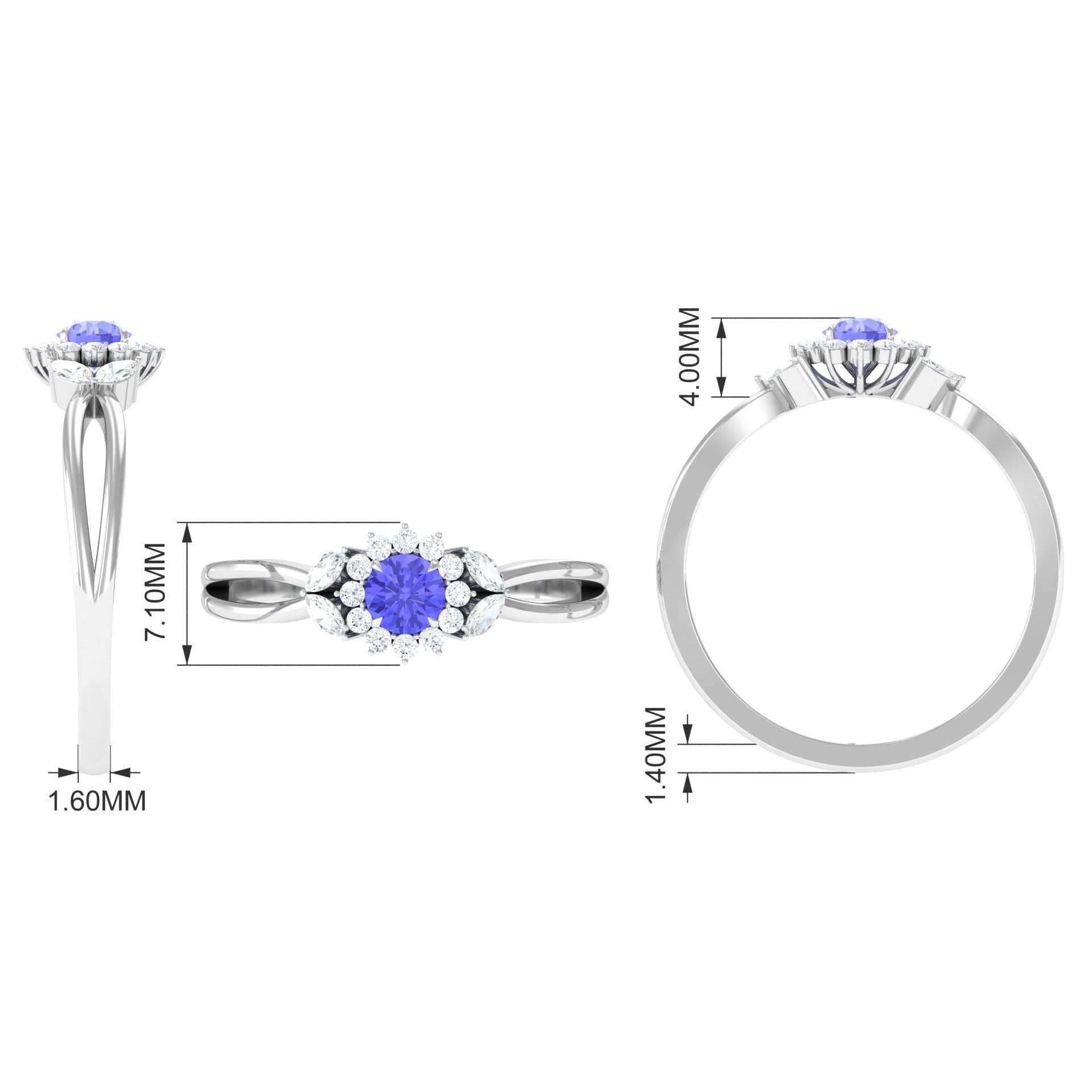 Split Shank Tanzanite Flower Engagement Ring with Diamond Tanzanite - ( AAA ) - Quality - Rosec Jewels